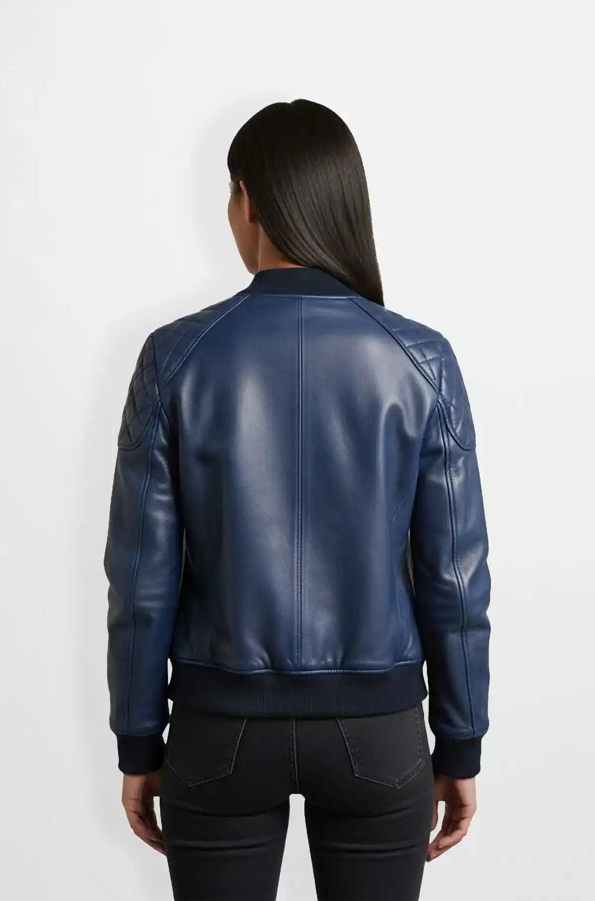 Navy Blue Leather Bomber Jacket