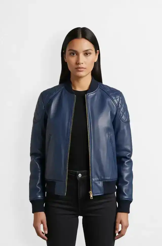 Navy Blue Leather Bomber Jacket