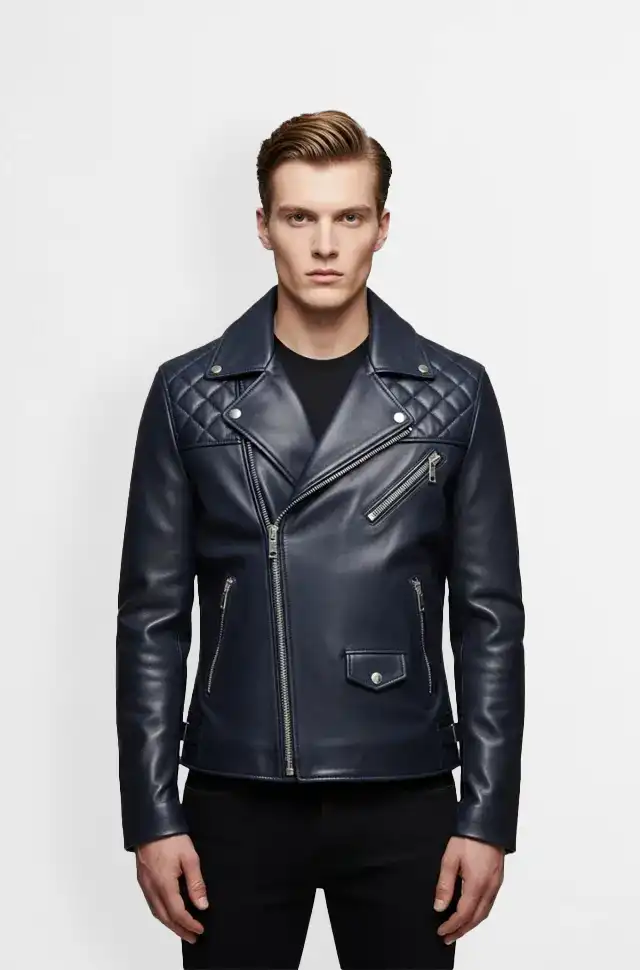 Mens Navy Blue Quilted Leather Biker Jacket