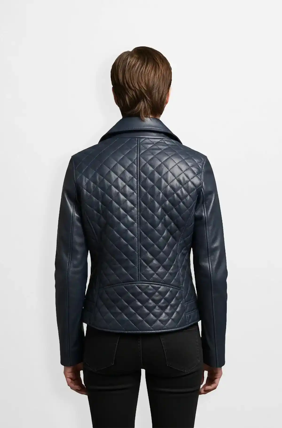 Navy Blue Quilted Leather Biker Jacket