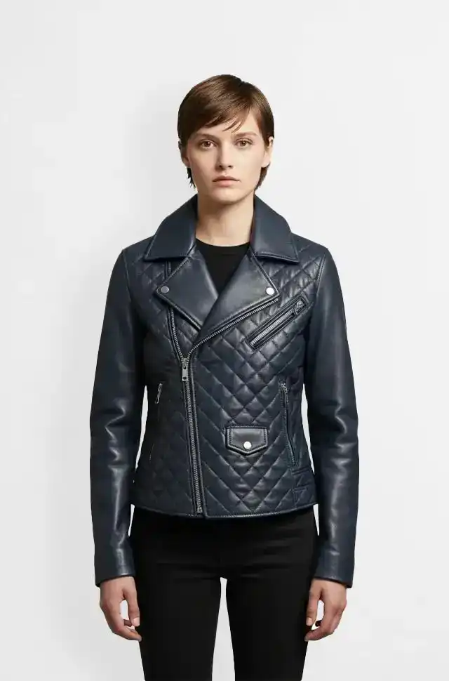 Navy Blue Quilted Leather Biker Jacket