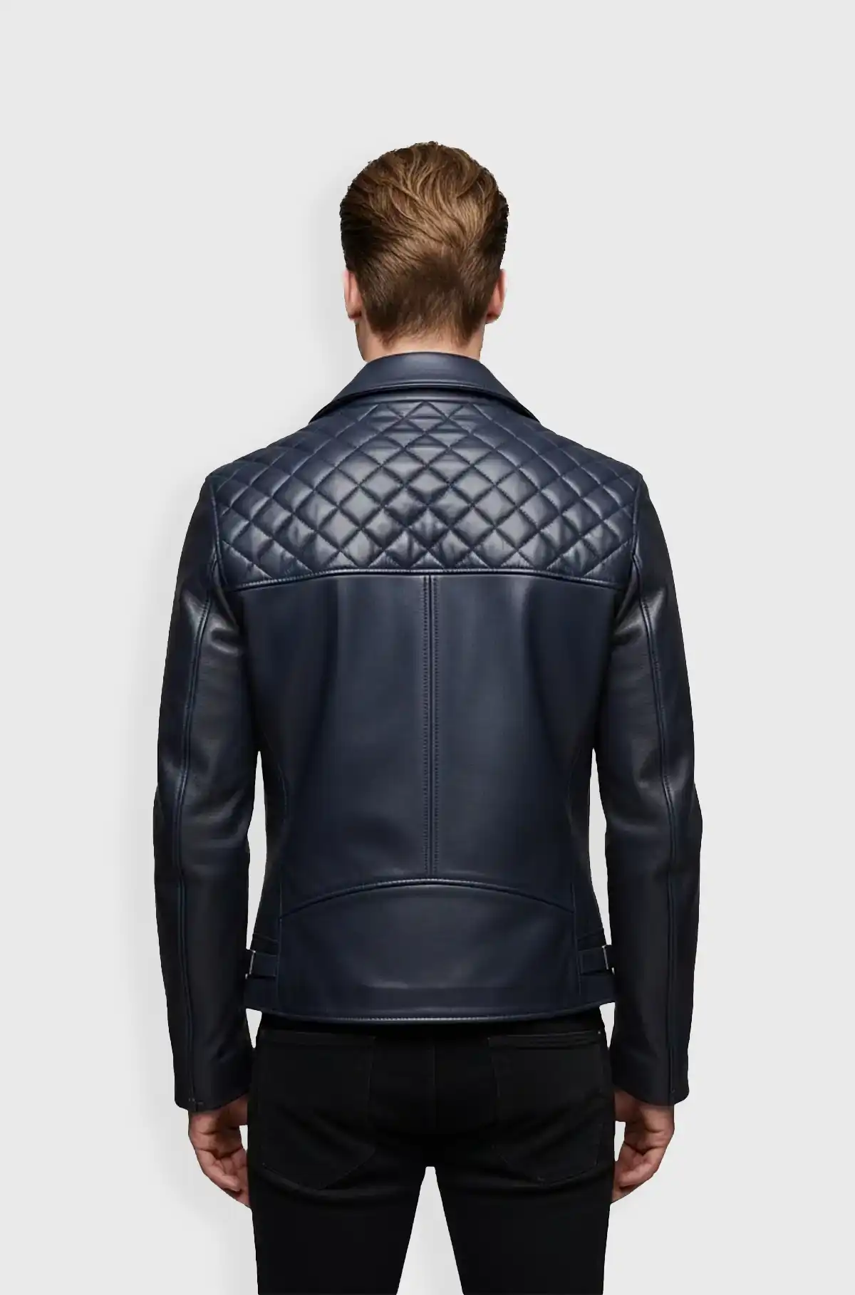 Navy Blue Quilted Leather Biker Jacket