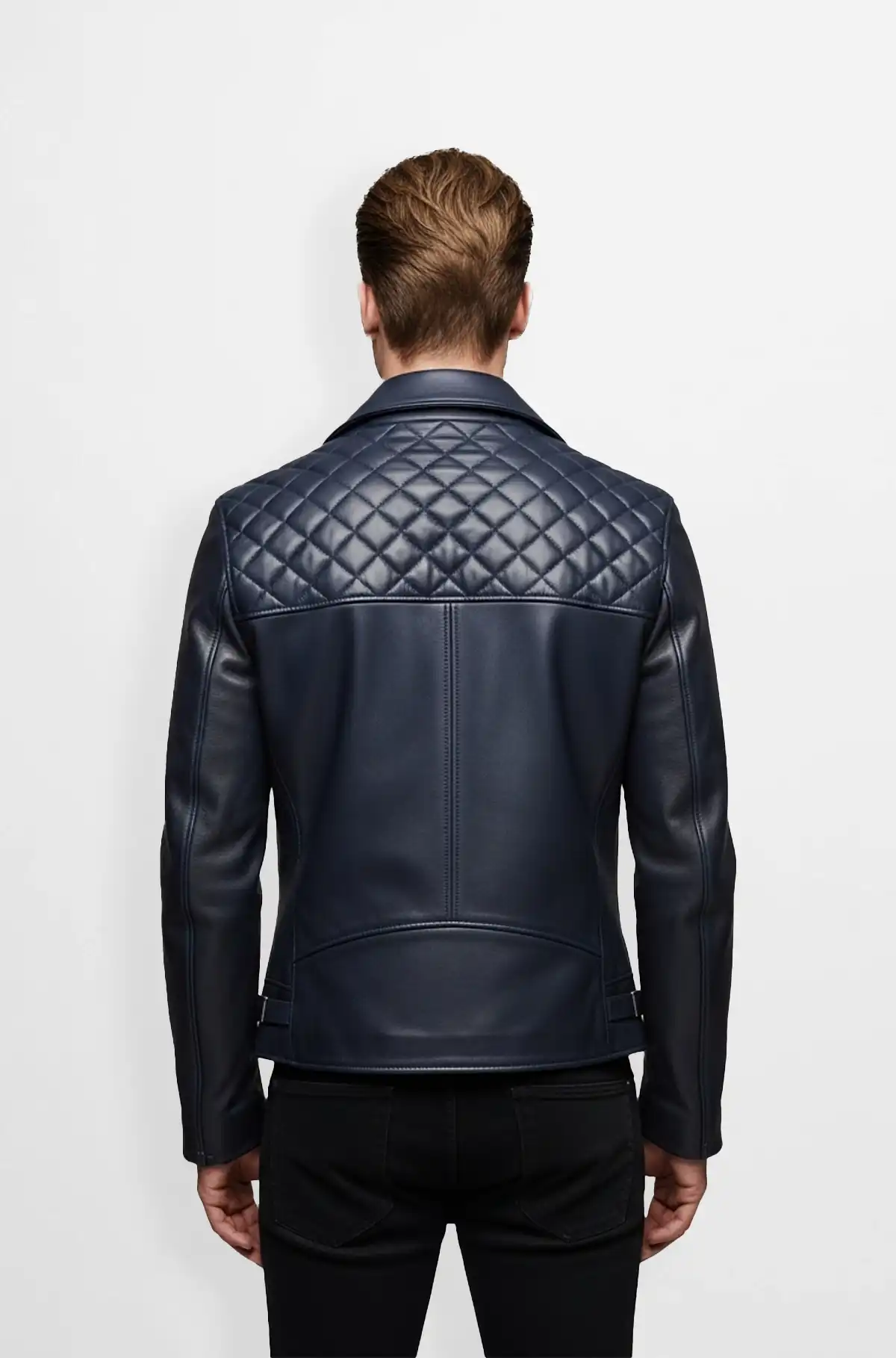 Mens Navy Blue Quilted Leather Biker Jacket