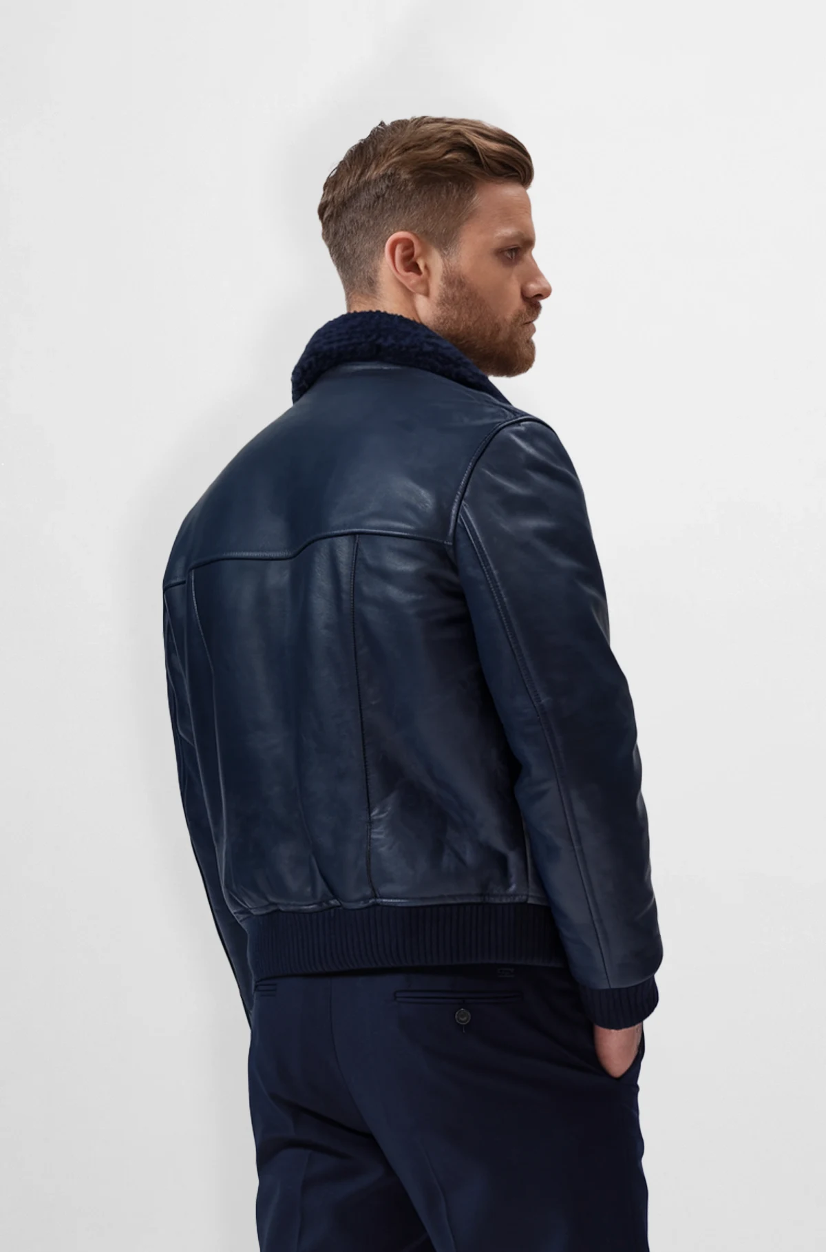 Navy Blue Shearling Leather Bomber Jacket