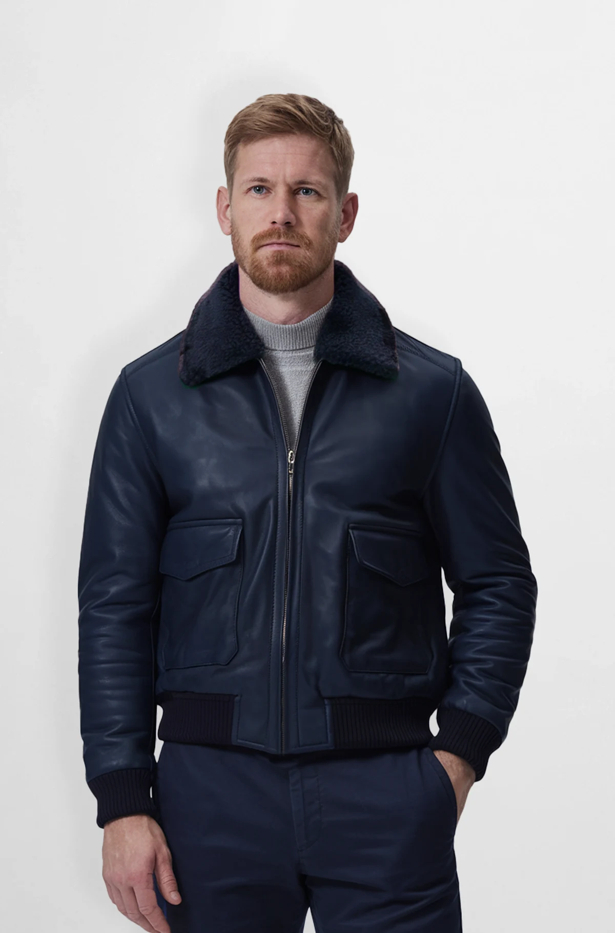 Navy Blue Shearling Leather Bomber Jacket