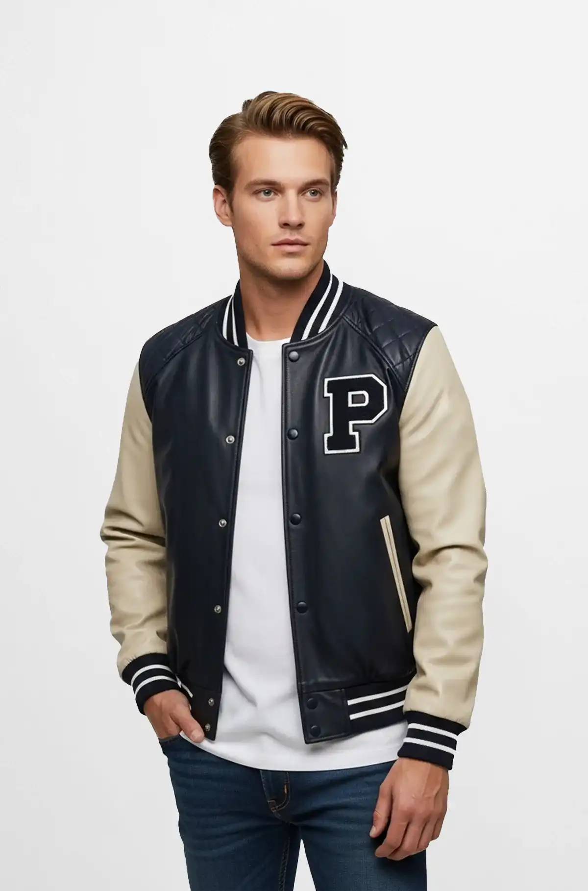 Navy Blue and Beige Mens Premium Leather Varsity Jacket