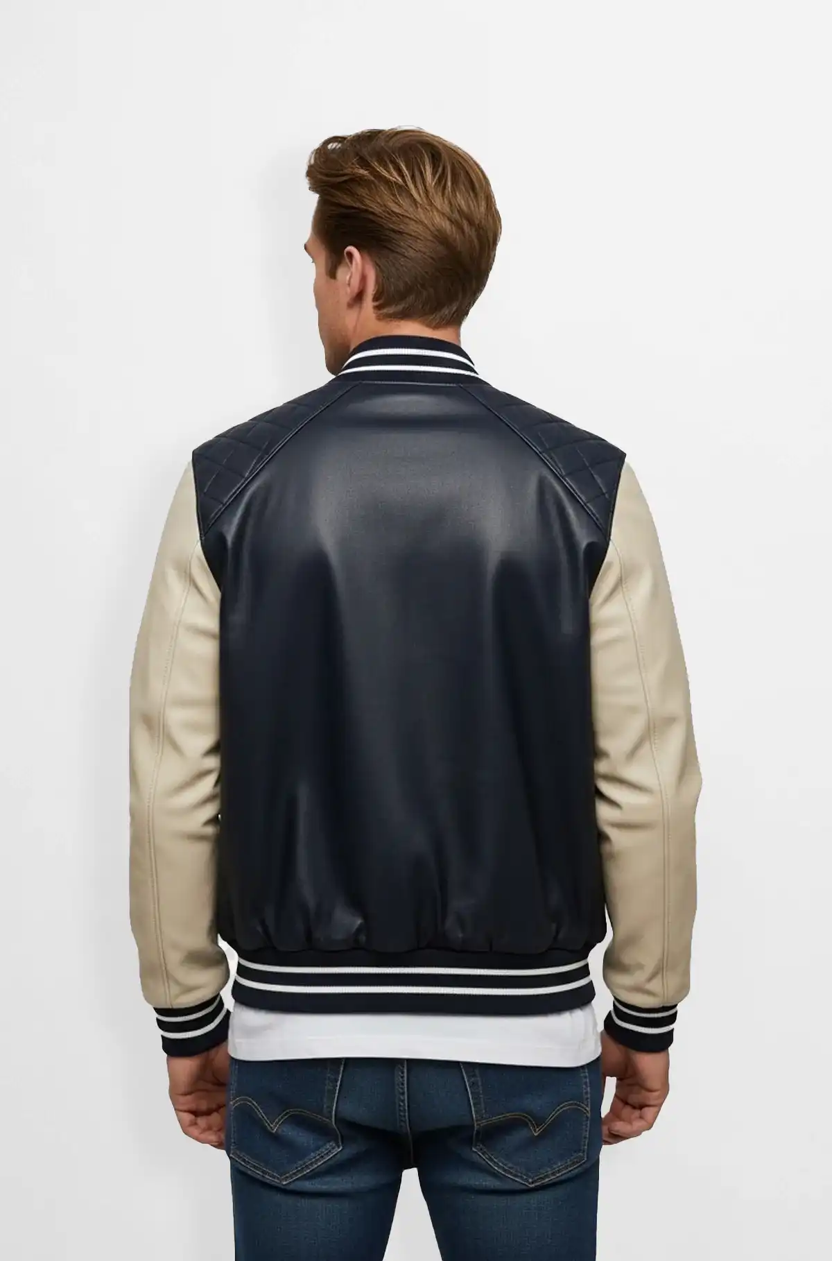 Navy Blue and Beige Mens Premium Leather Varsity Jacket