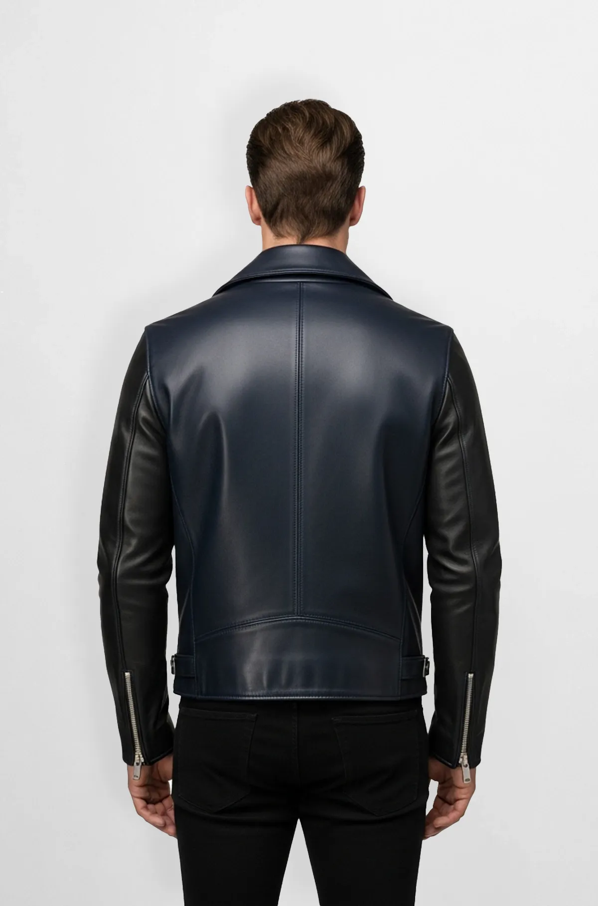 Navy Blue and Black Biker Leather Jacket