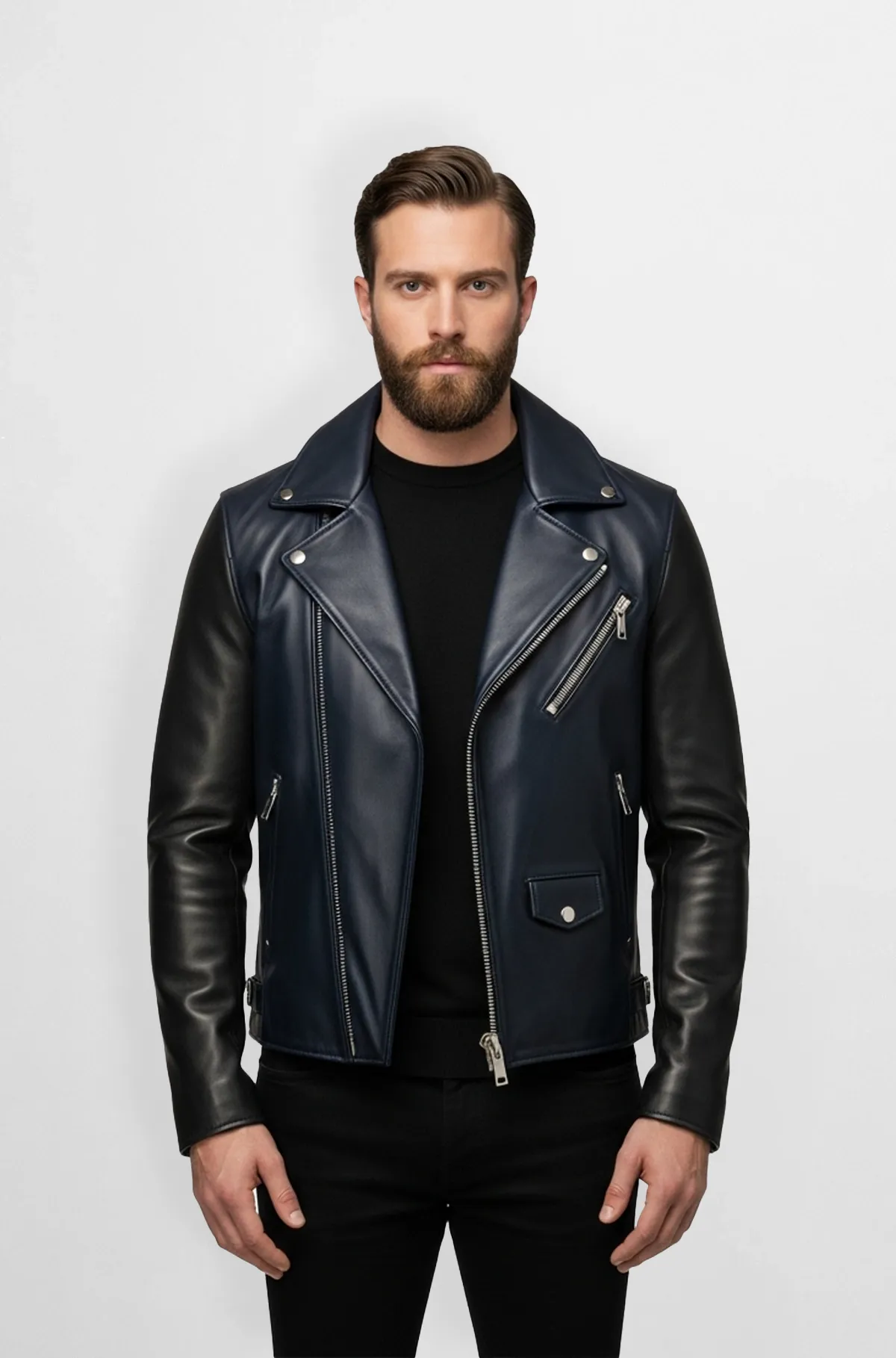 Navy Blue and Black Biker Leather Jacket