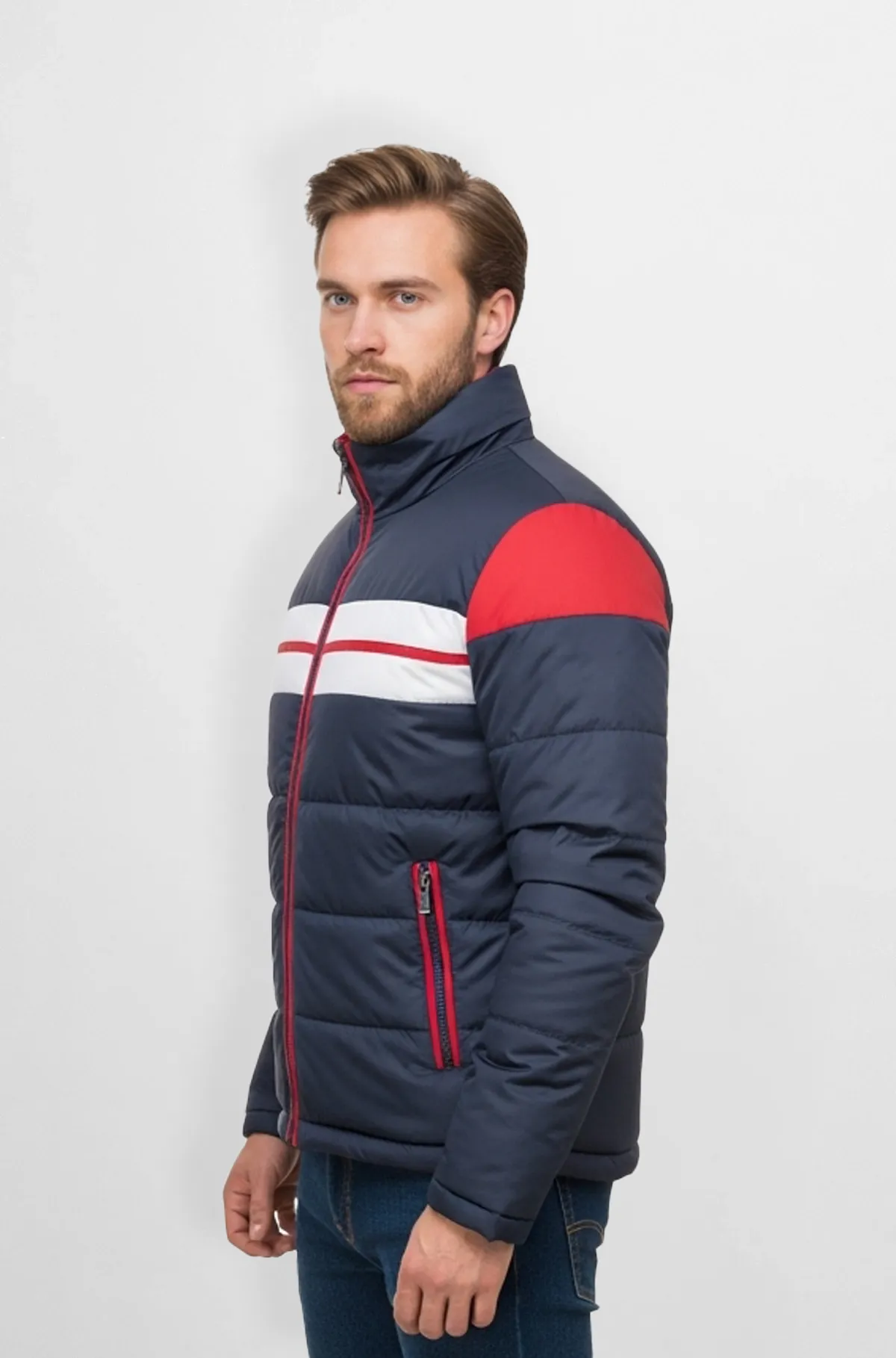 Navy Blue with Red and White Vanguard Alpine Puffer Jacket