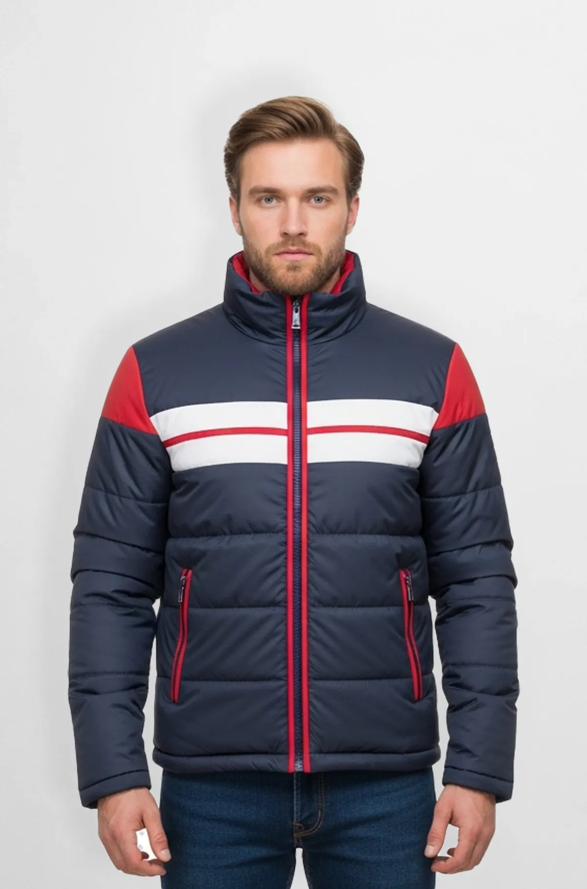 Navy Blue with Red and White Vanguard Alpine Puffer Jacket