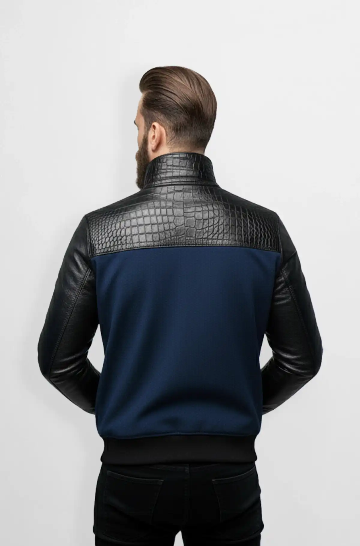 Navy Blue wool with Black Crocodile Leather Shoulders
