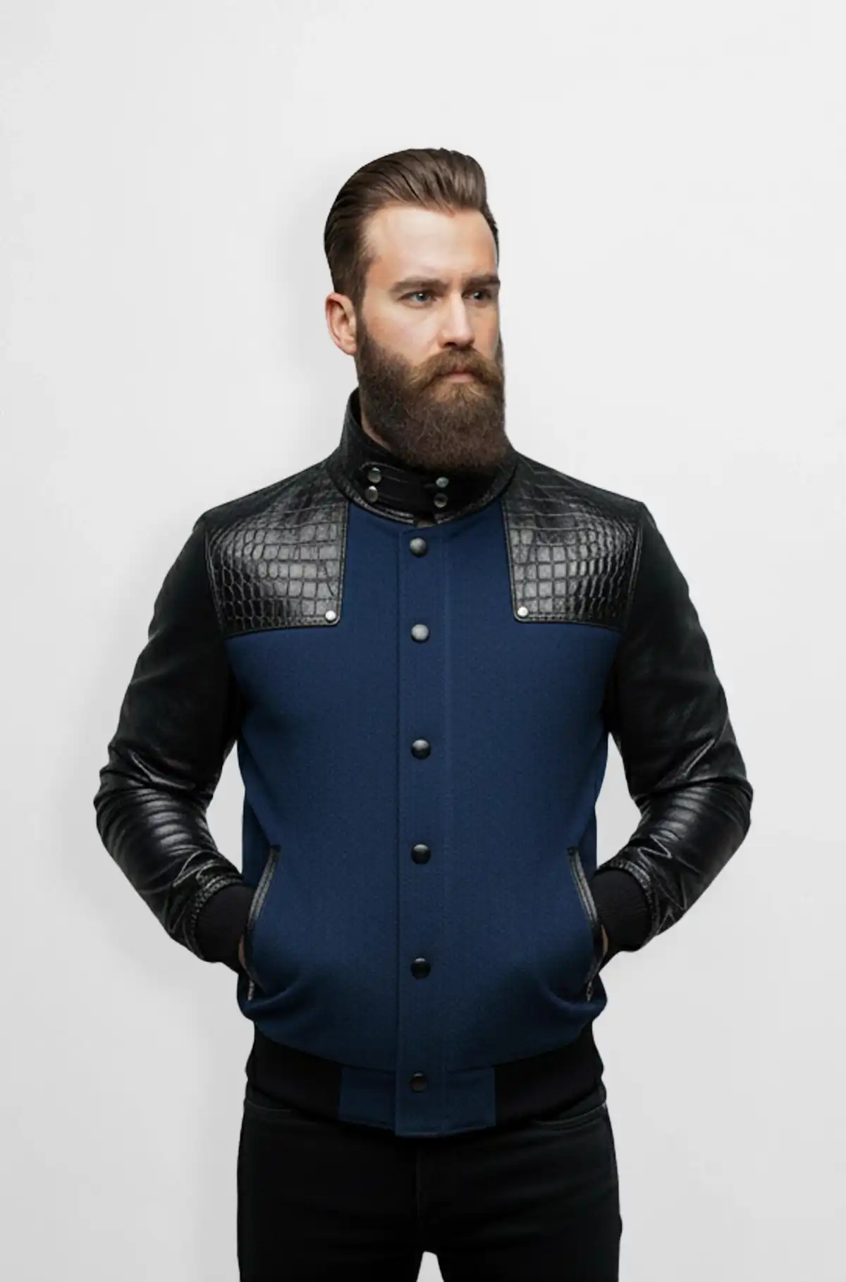 Navy Blue wool with Black Crocodile Leather Shoulders