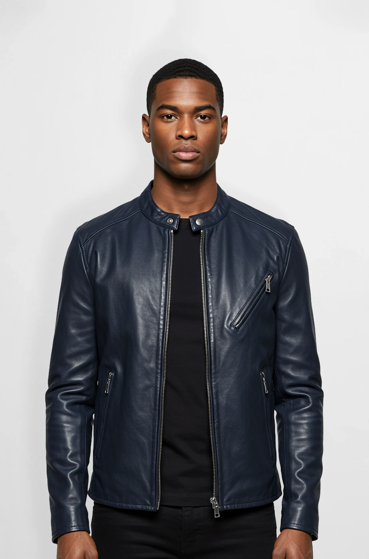 Navy Leather Biker Jacket