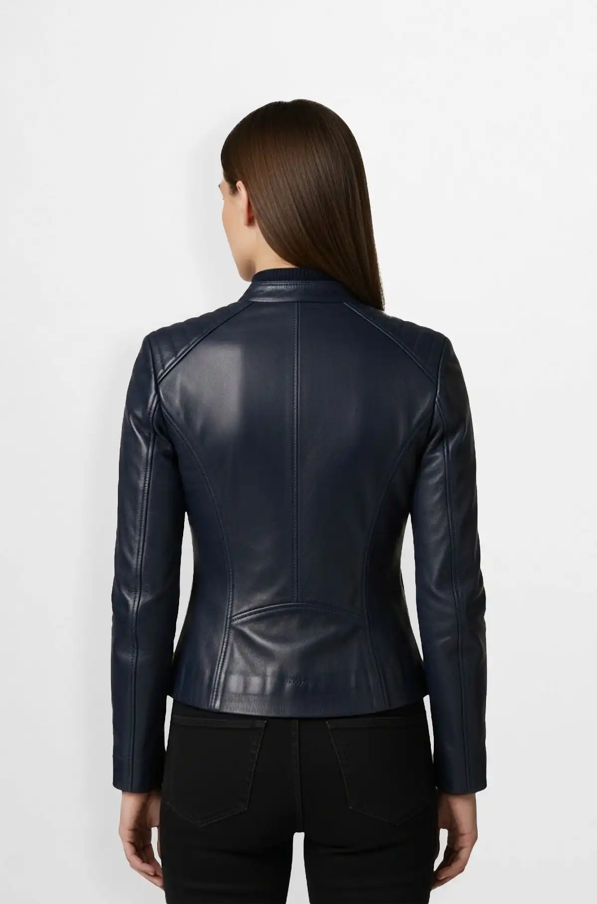 Navy Leather Bomber Jacket For Women