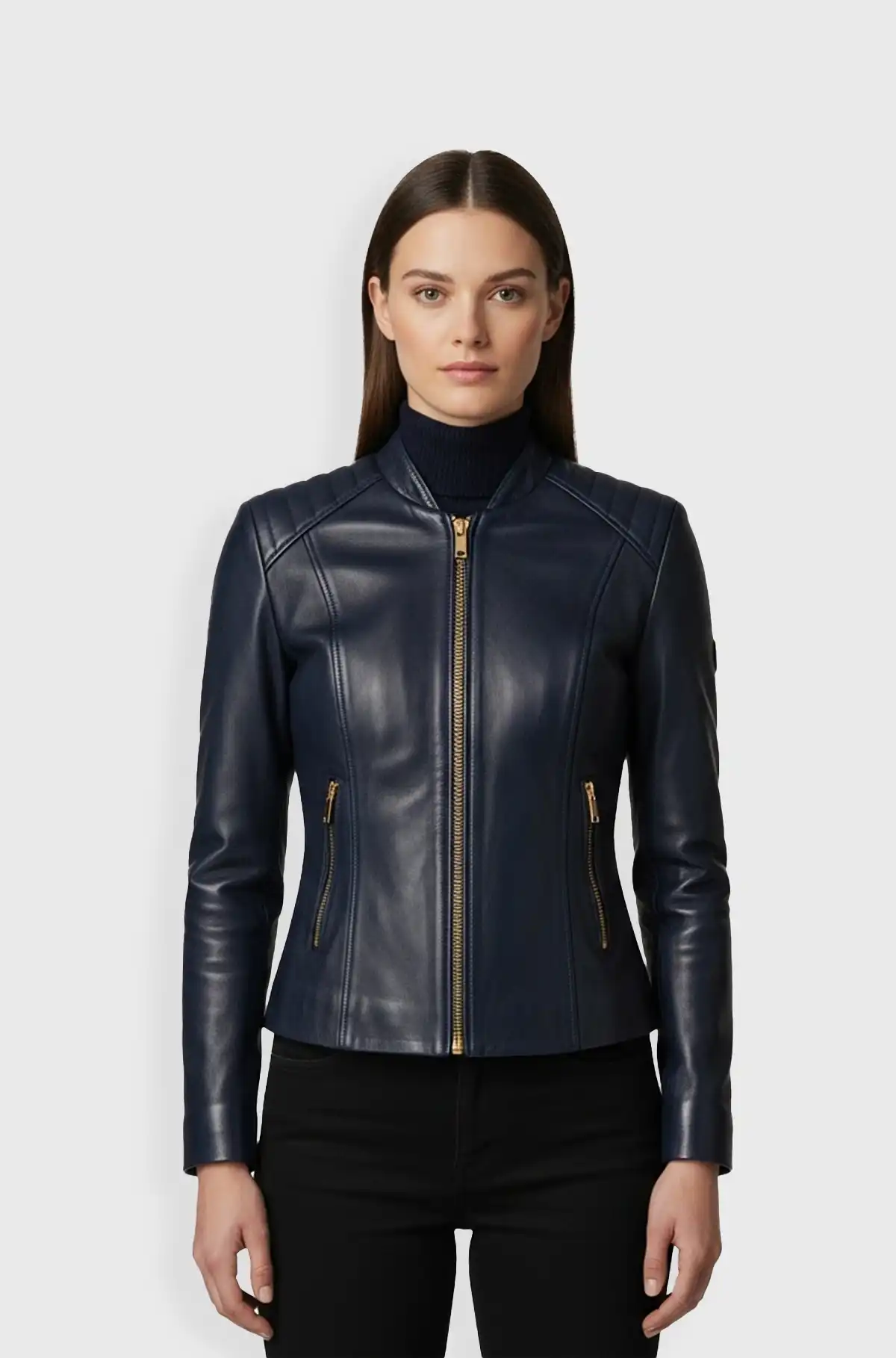 Navy Leather Bomber Jacket For Women