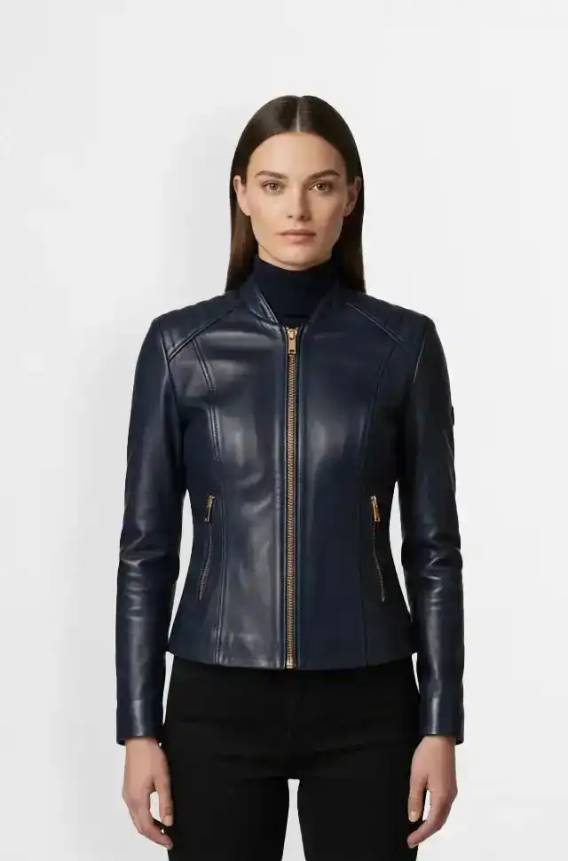Navy Leather Bomber Jacket For Women