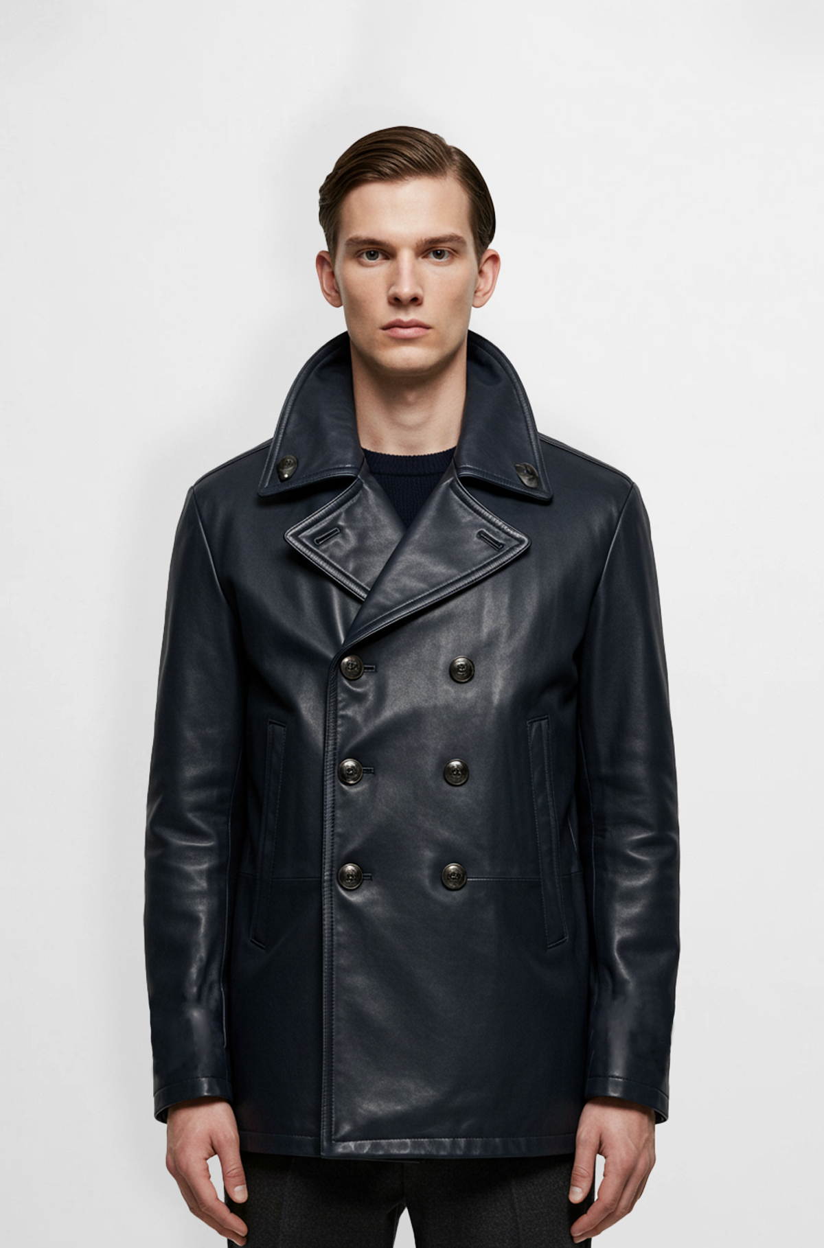 Navy Leather Peacoat for Men