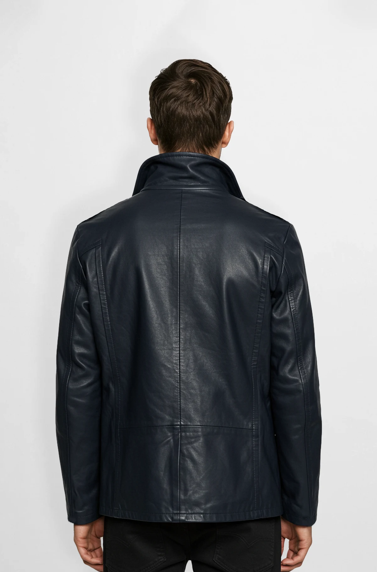 Navy Leather Peacoat for Men