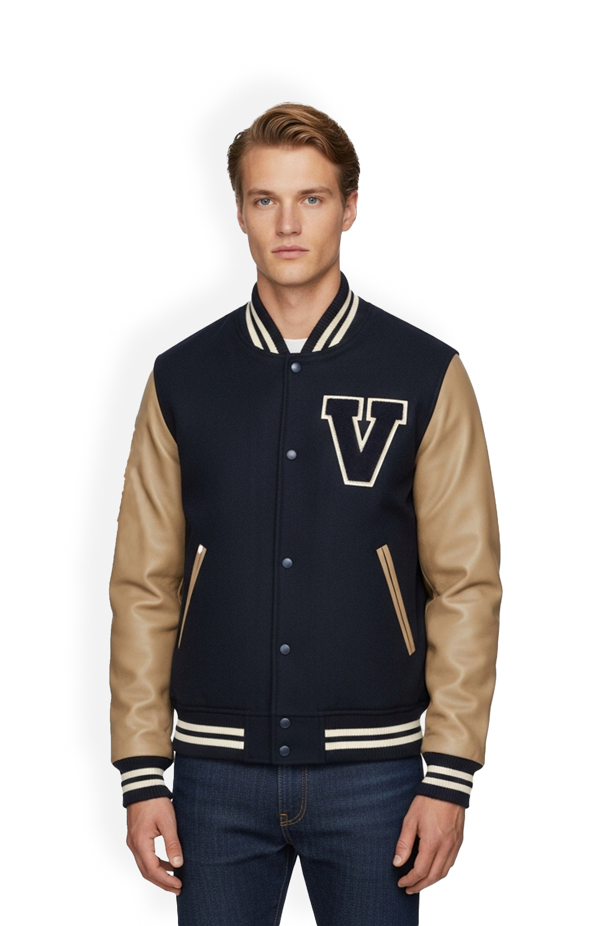 Navy Blue & Camel Varsity Leather Jacket