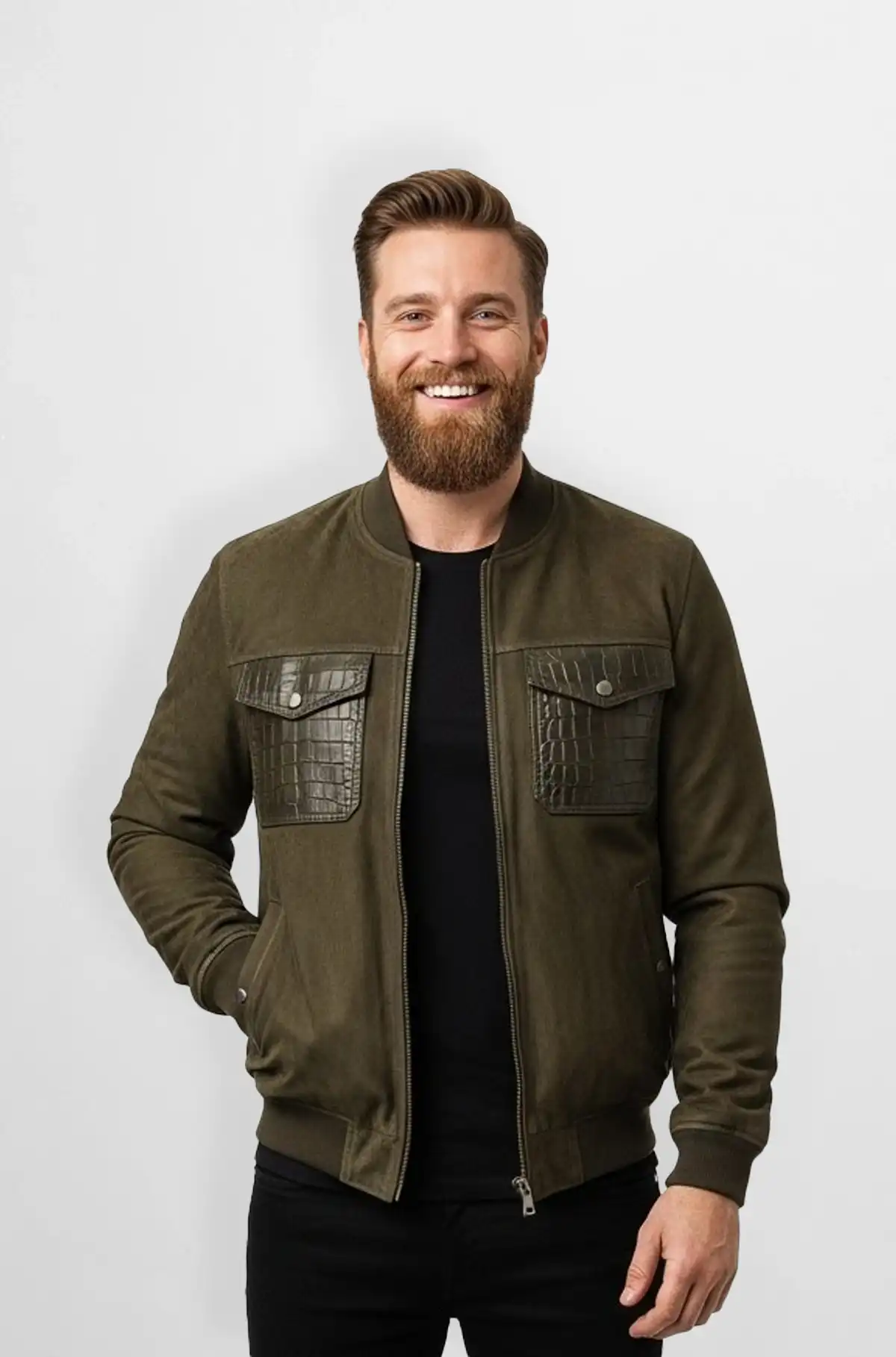 Olive Crocodile Pocket Bomber Jacket