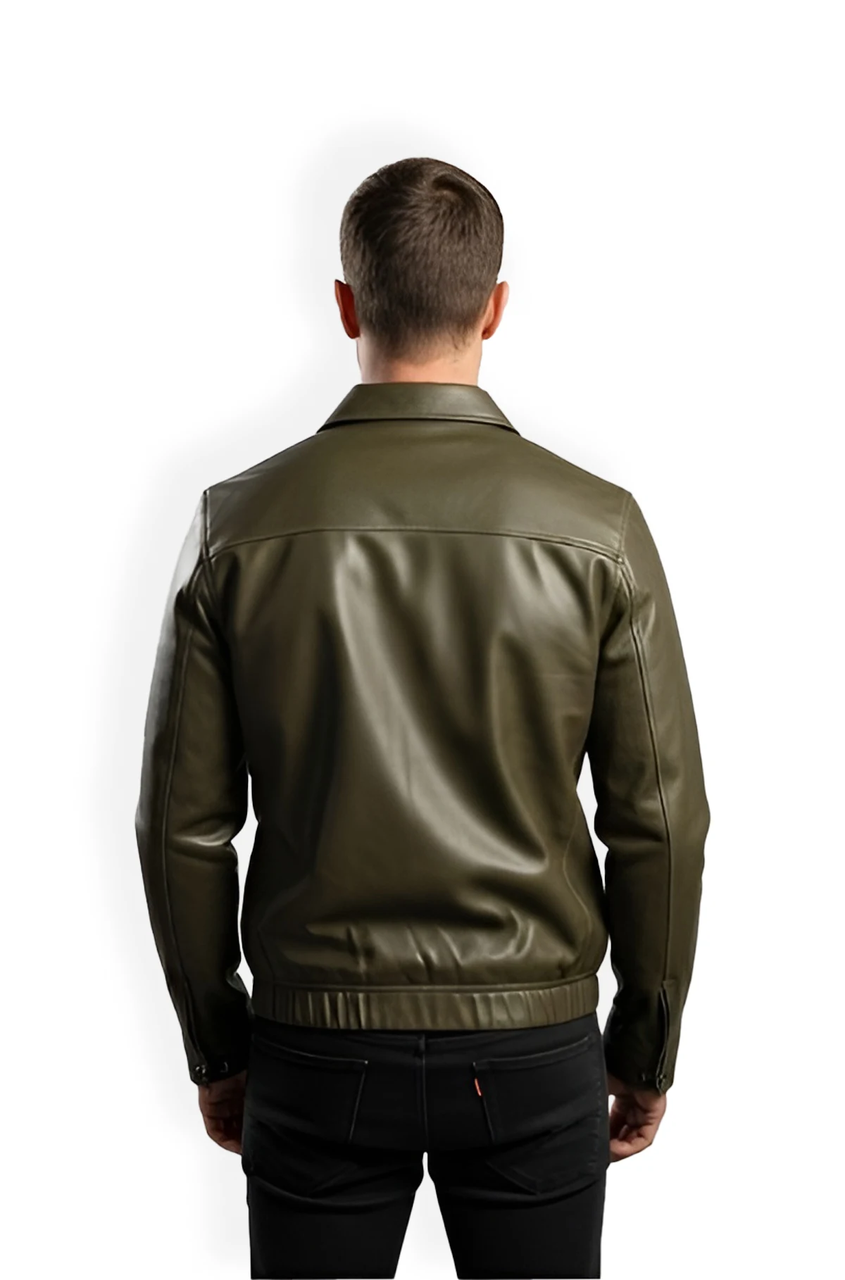 Olive Green Leather Jacket with Shirt Collar