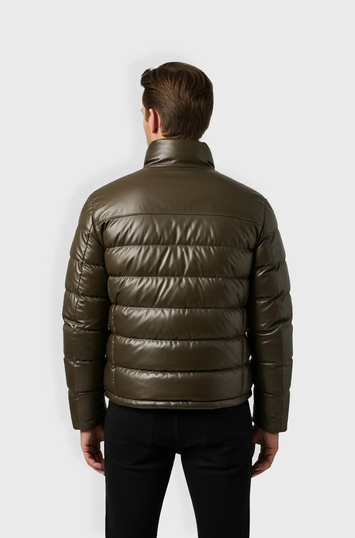Olive Green Leather Puffer Jacket For Men