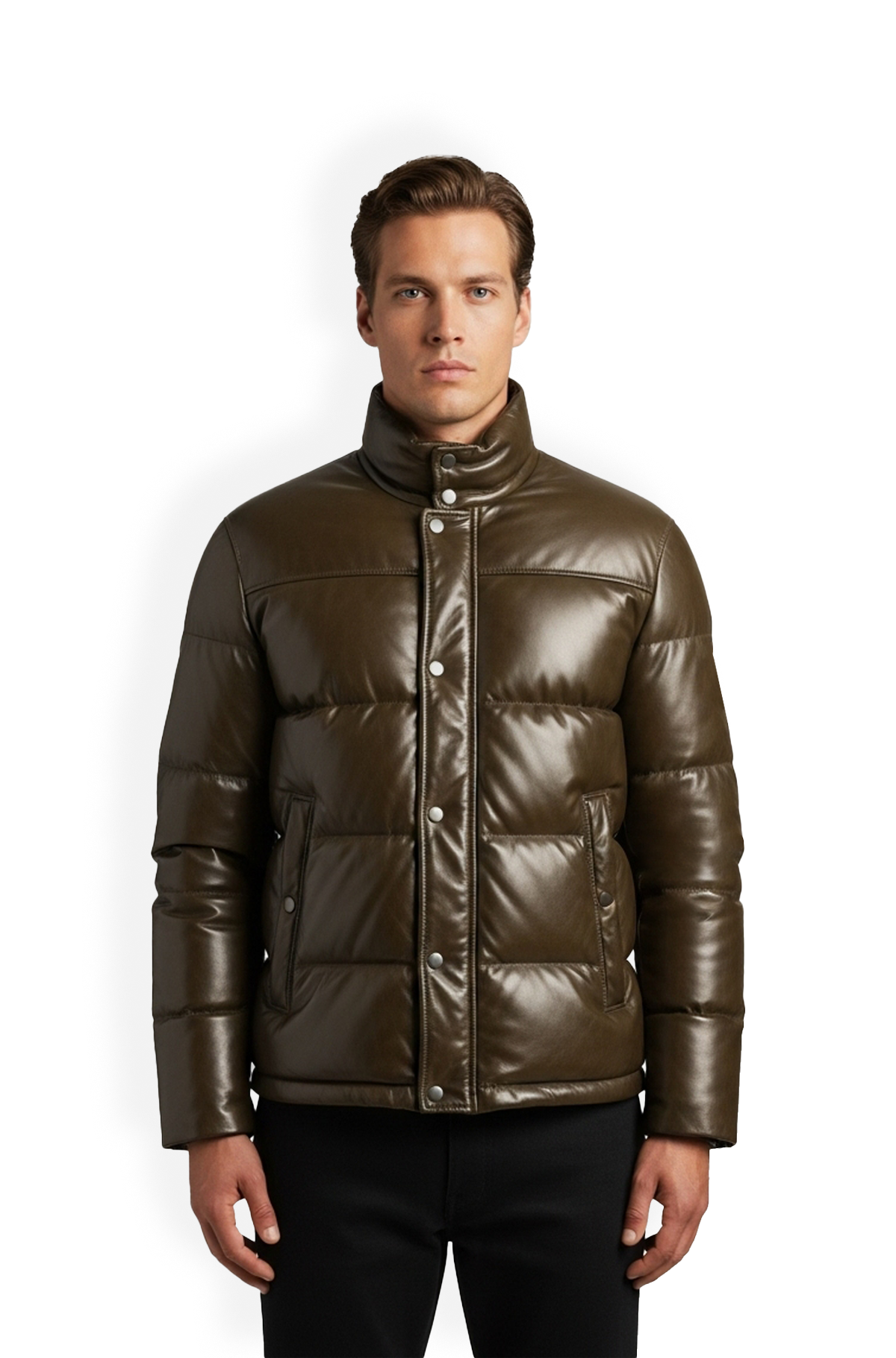 Olive Green Leather Puffer Jacket