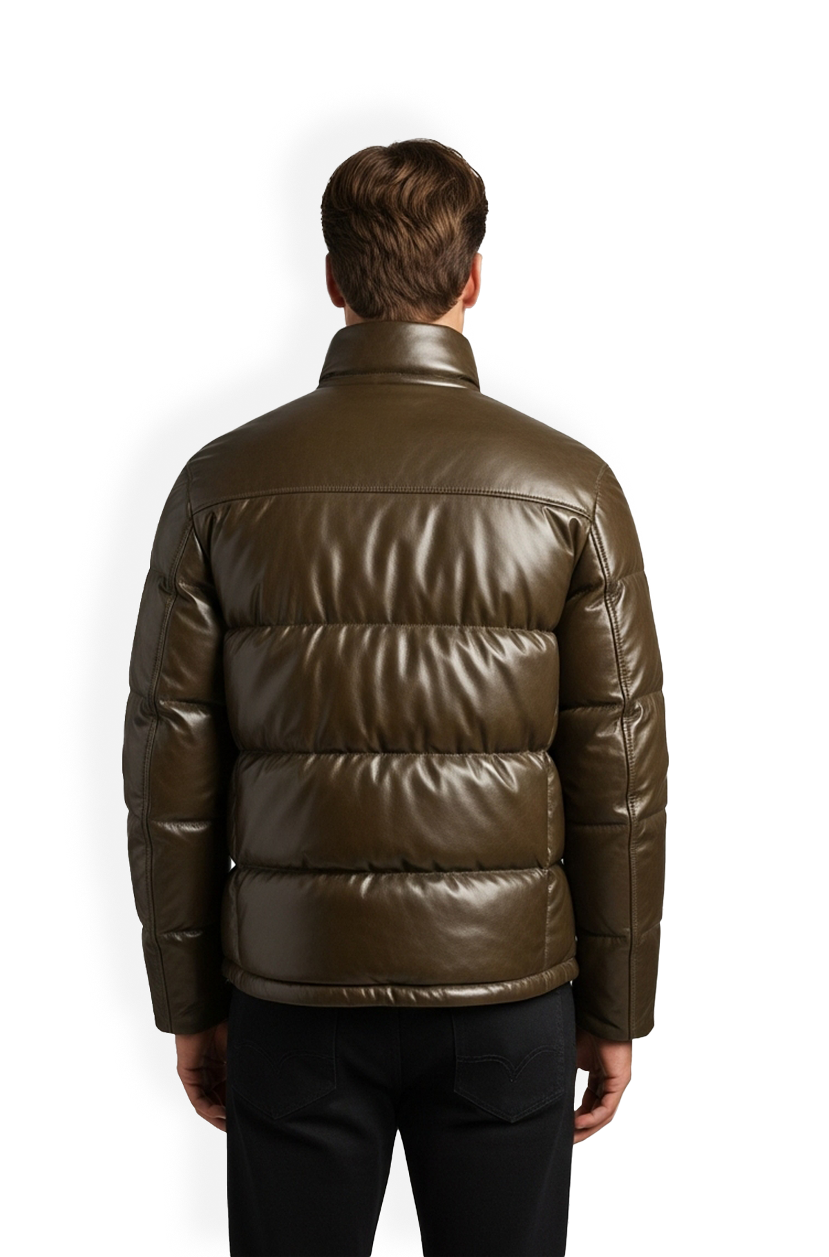 Olive Green Leather Puffer Jacket