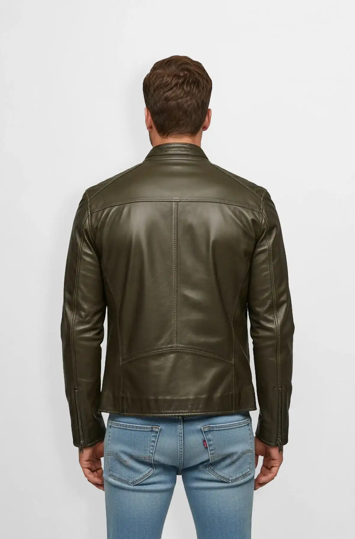 Olive Green Leather Racer Jacket