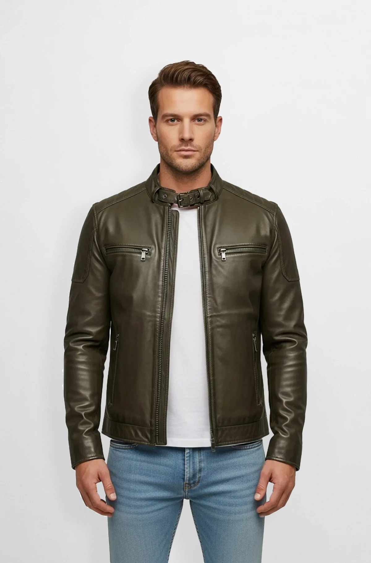 Olive Green Leather Racer Jacket