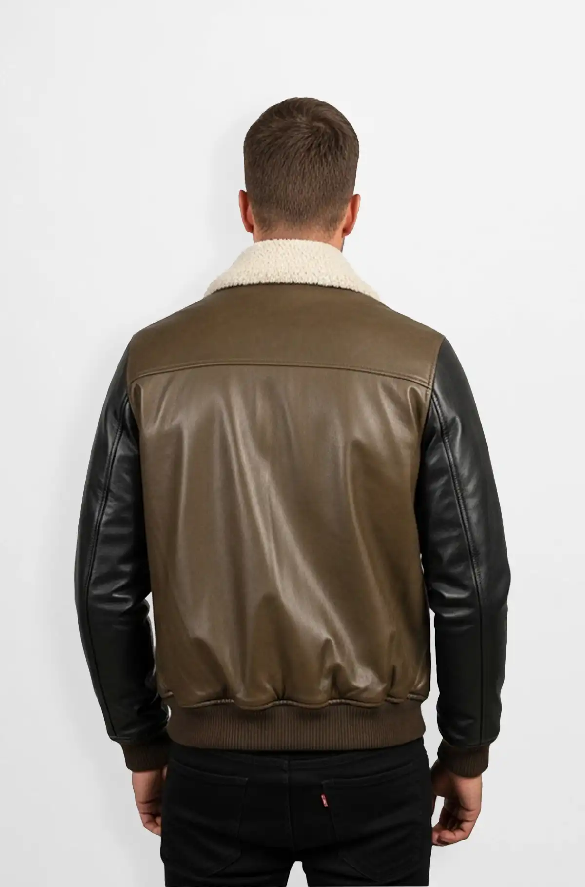 Olive Green Shearling Collar Leather Bomber Jacket