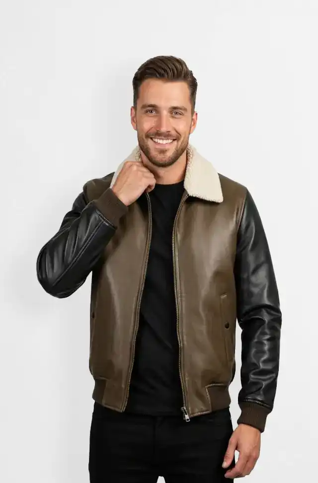 Olive Green Shearling Collar Leather Bomber Jacket