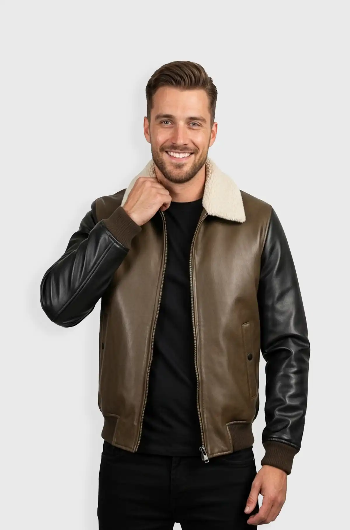 Olive Green Shearling Collar Leather Bomber Jacket