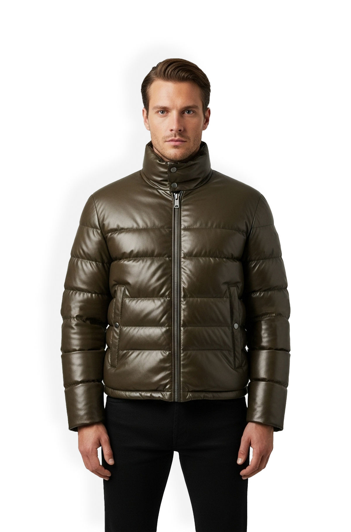 Olive Green Leather Puffer Jacket For Men