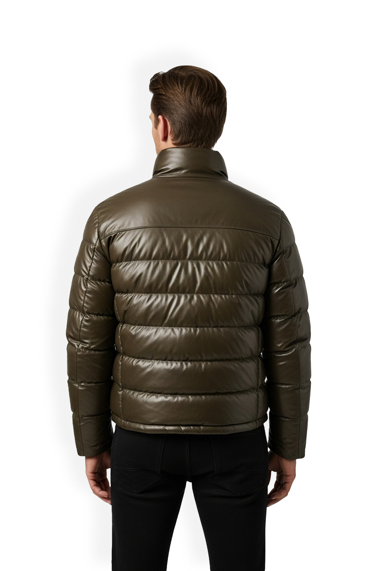 Olive Green Leather Puffer Jacket For Men