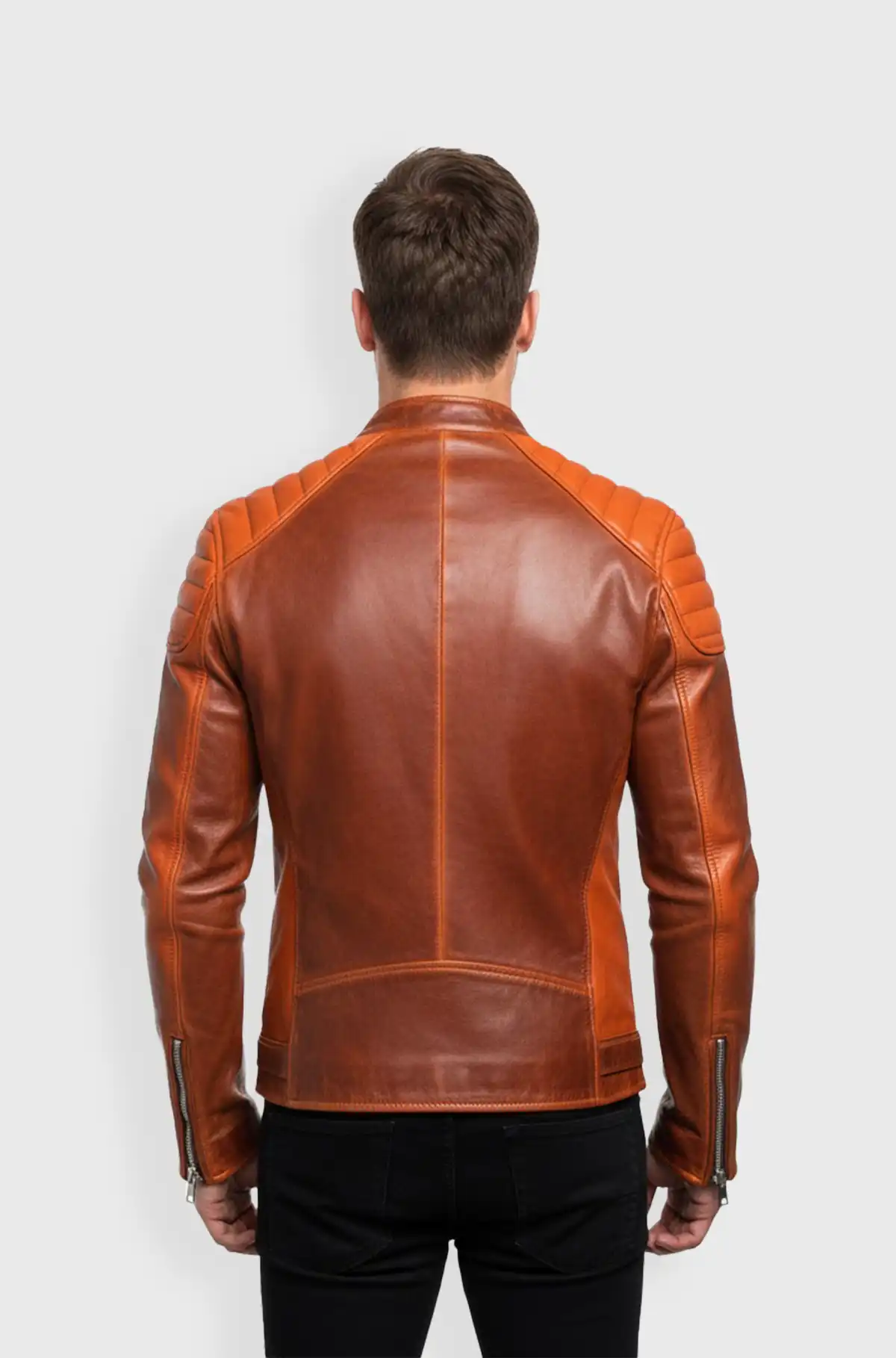 Orange And Brown Leather Biker Jacket