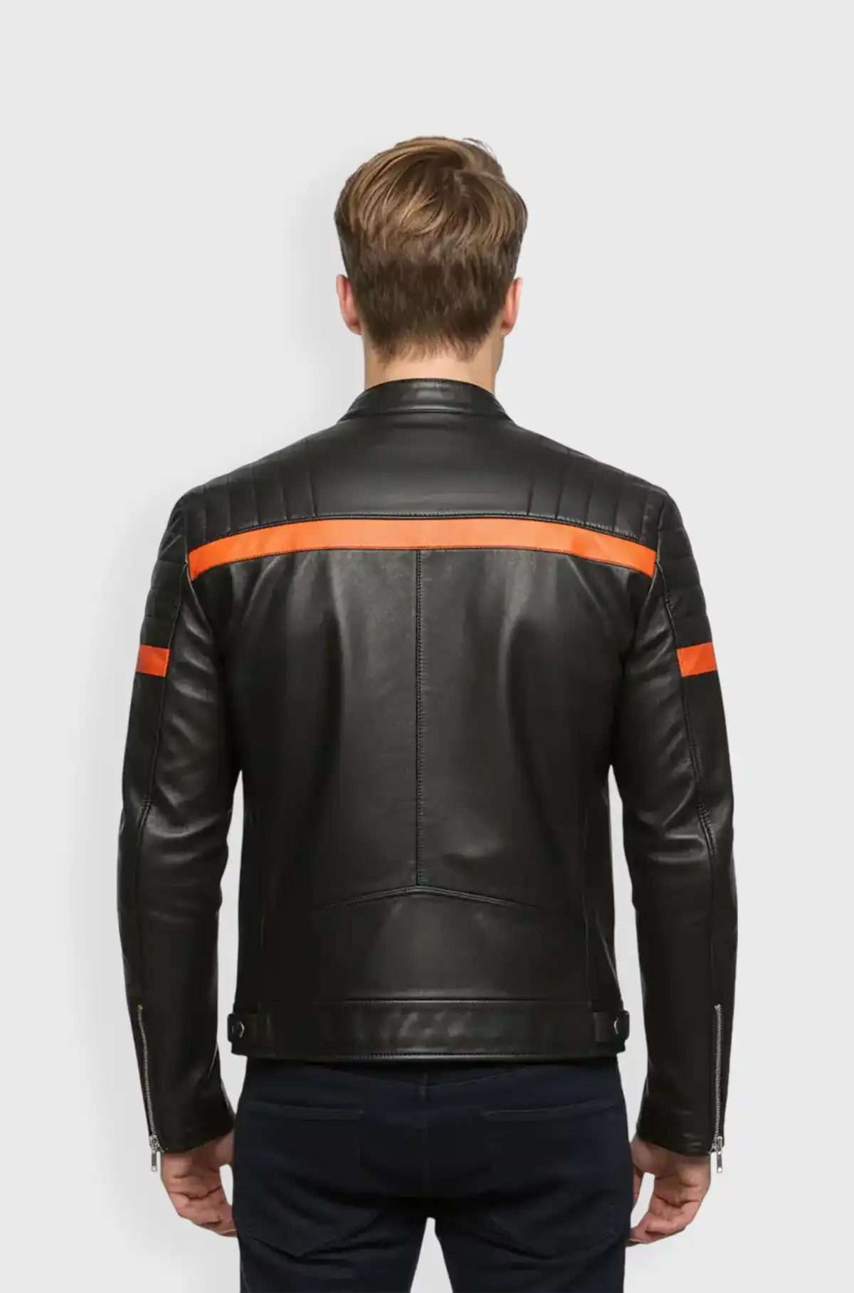 Orange Stripes Black Biker Leather Jacket