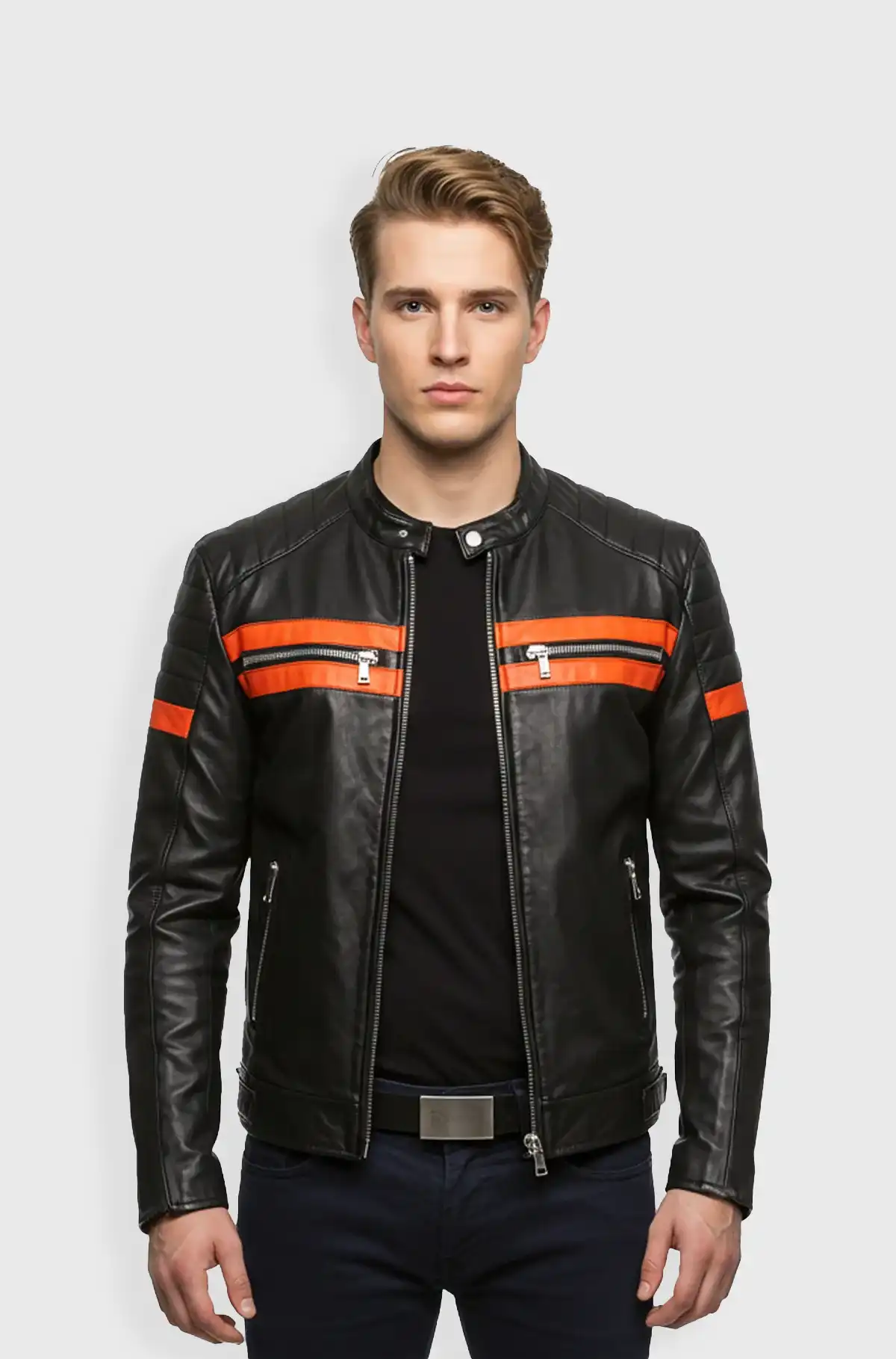 Orange Stripes Black Biker Leather Jacket
