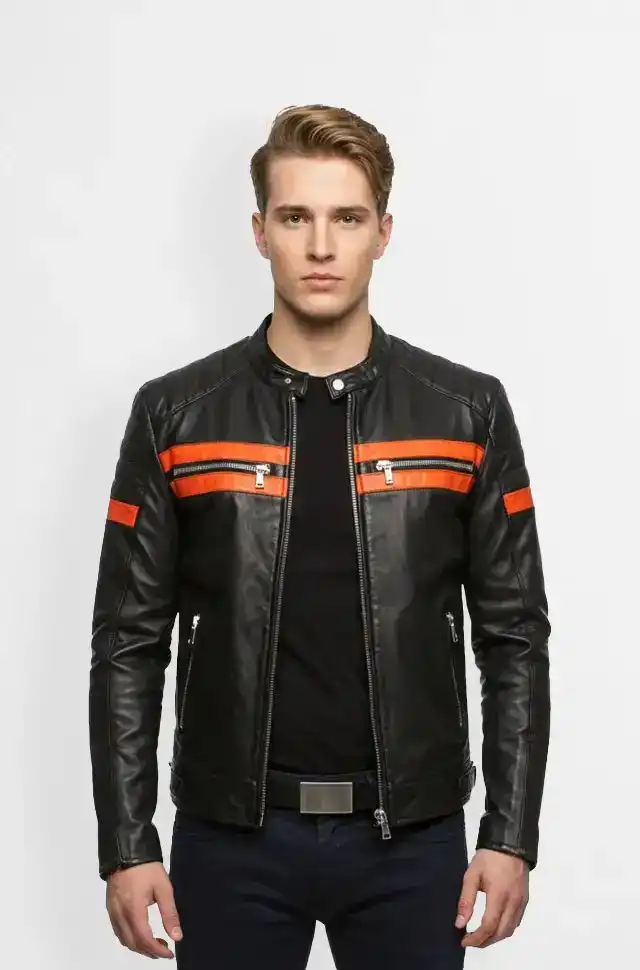 Orange Stripes Black Biker Leather Jacket