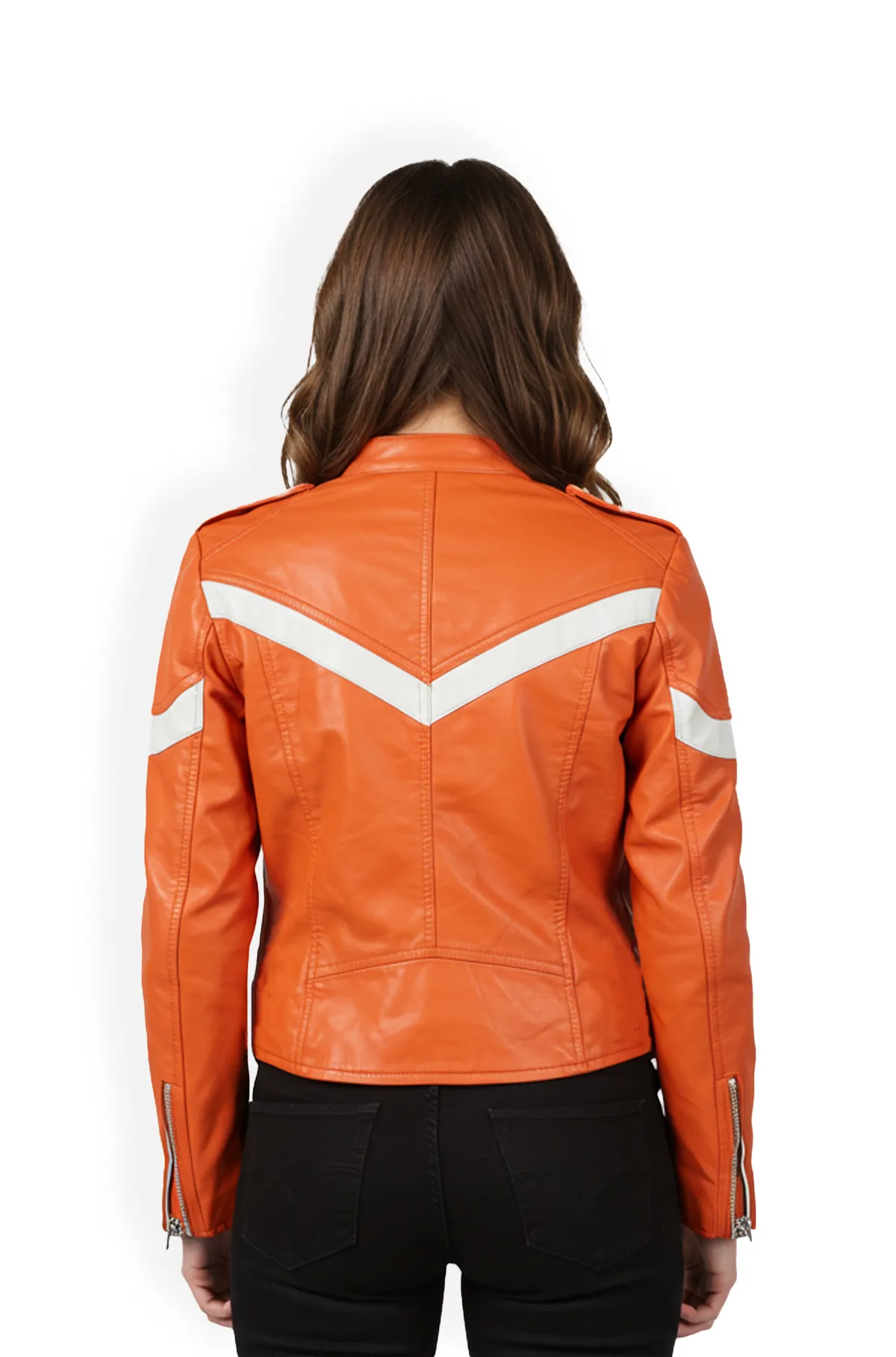 Orange and White Leather Moto Jacket for Women