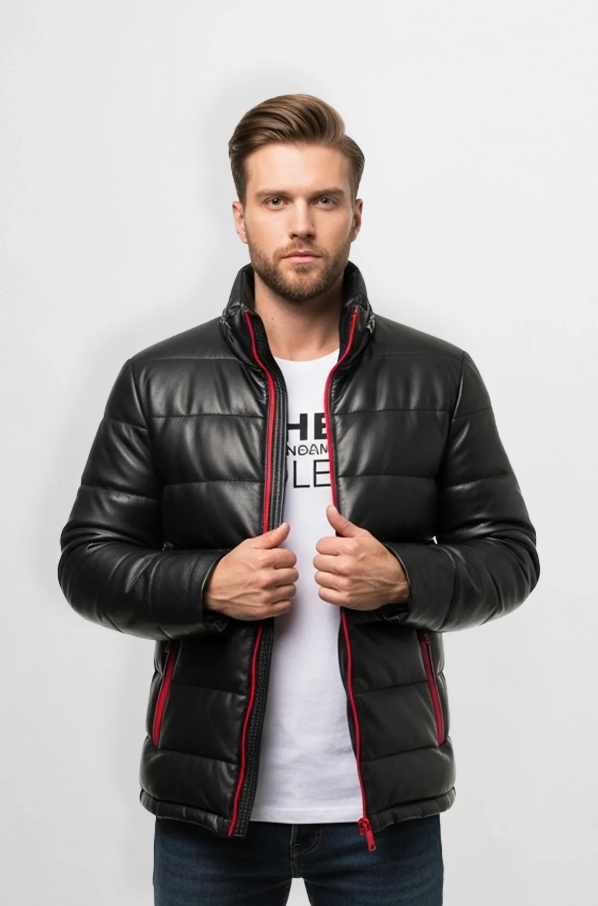 Padded Black puffer Jacket with Red Trim