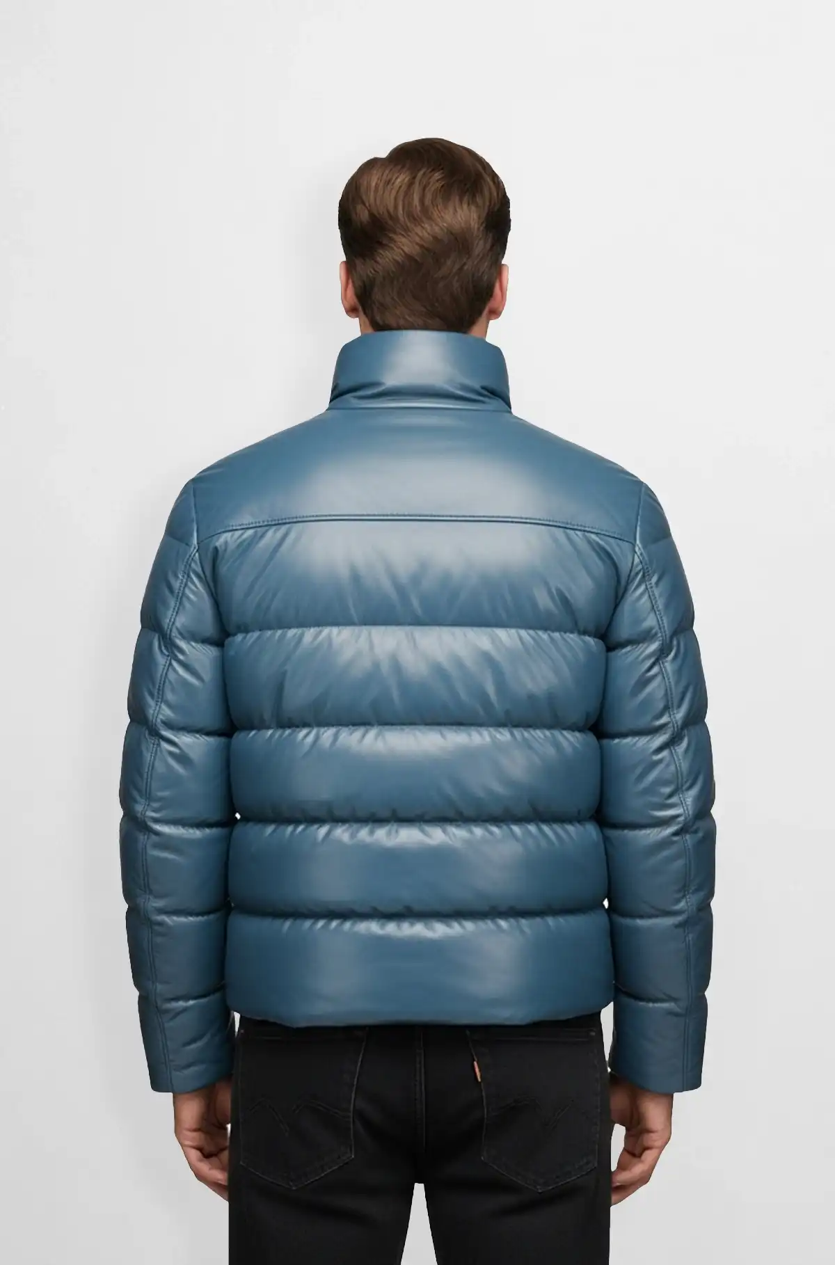 Plain Blue Leather Puffer Jacket