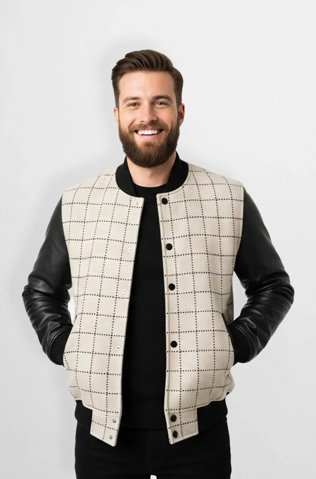 Premium Checkered Leather Varsity Jacket