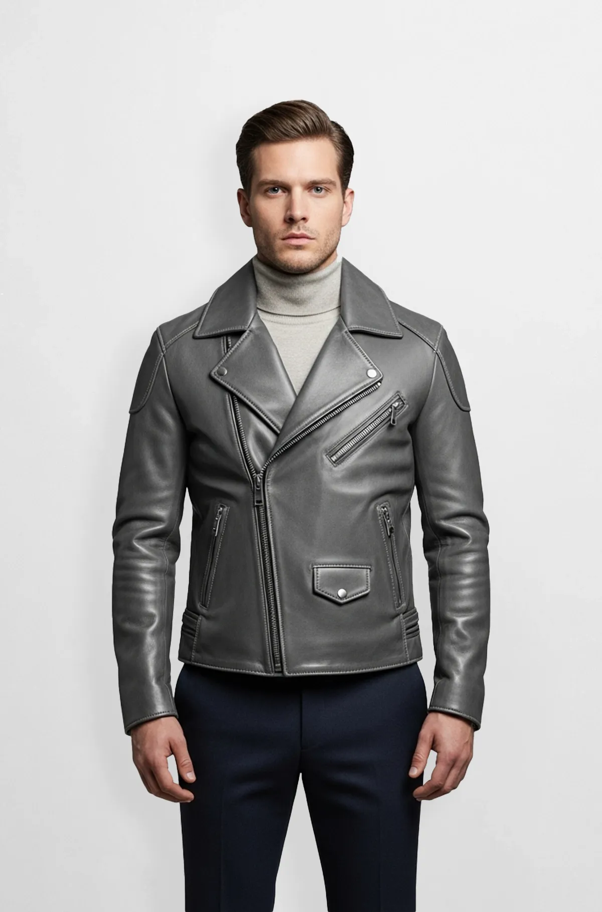 Premium Classic Grey Leather Moto Jacket
