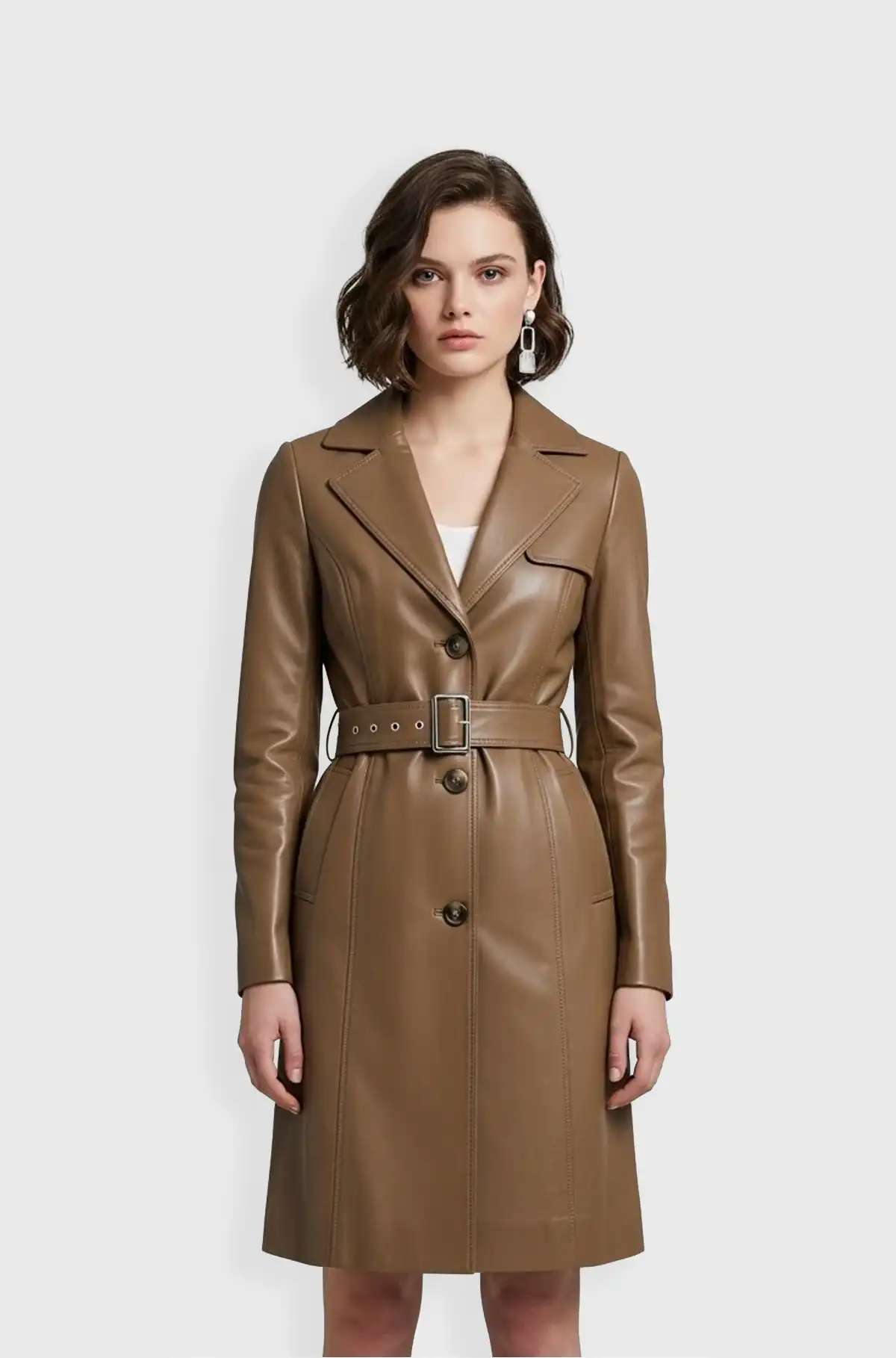 Premium Genuine Brown Leather Trench Coat