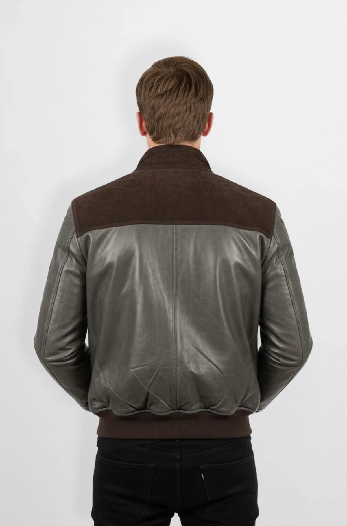 Premium Grey And Brown Leather Bomber Jacket