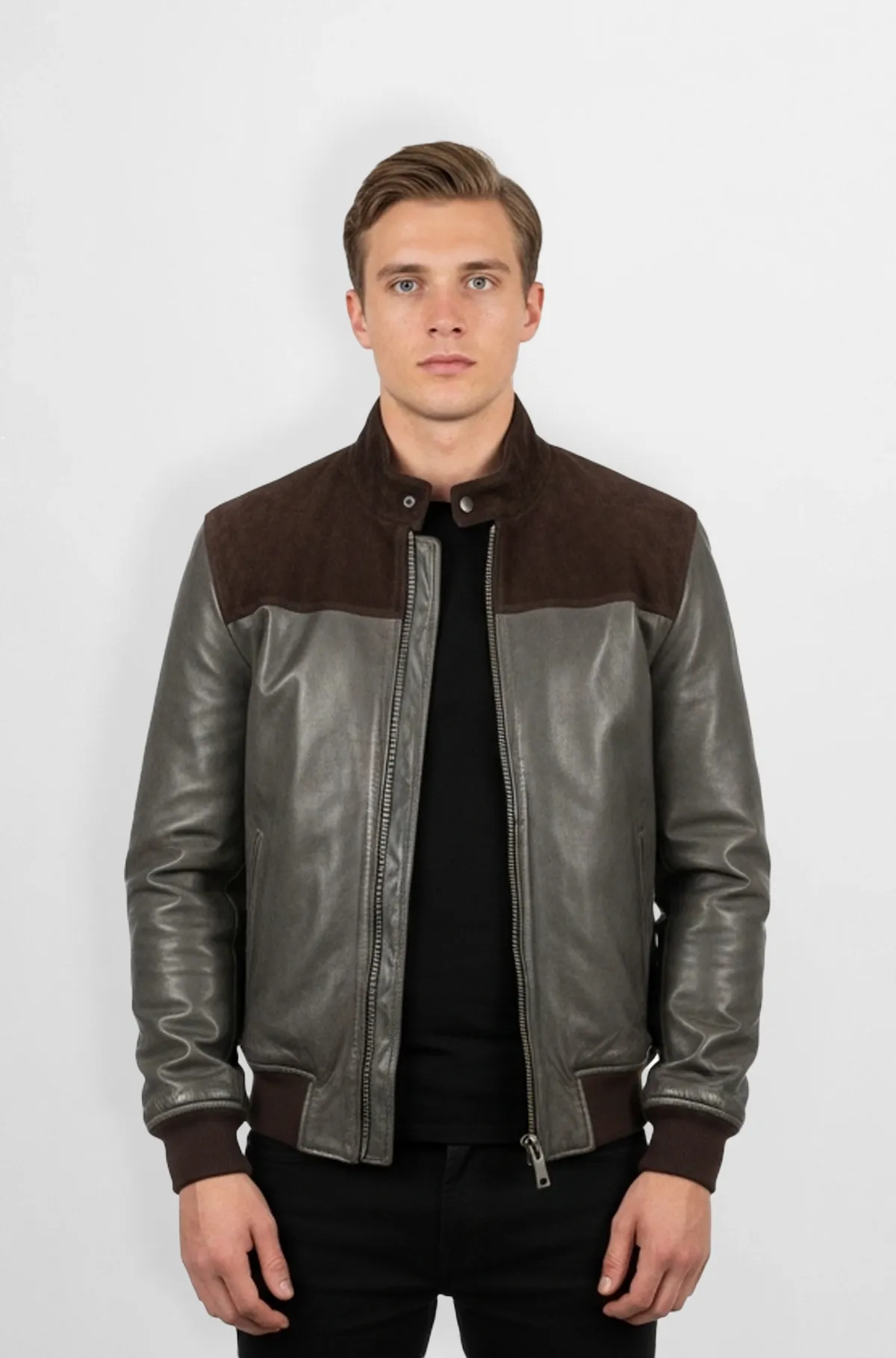 Premium Grey And Brown Leather Bomber Jacket