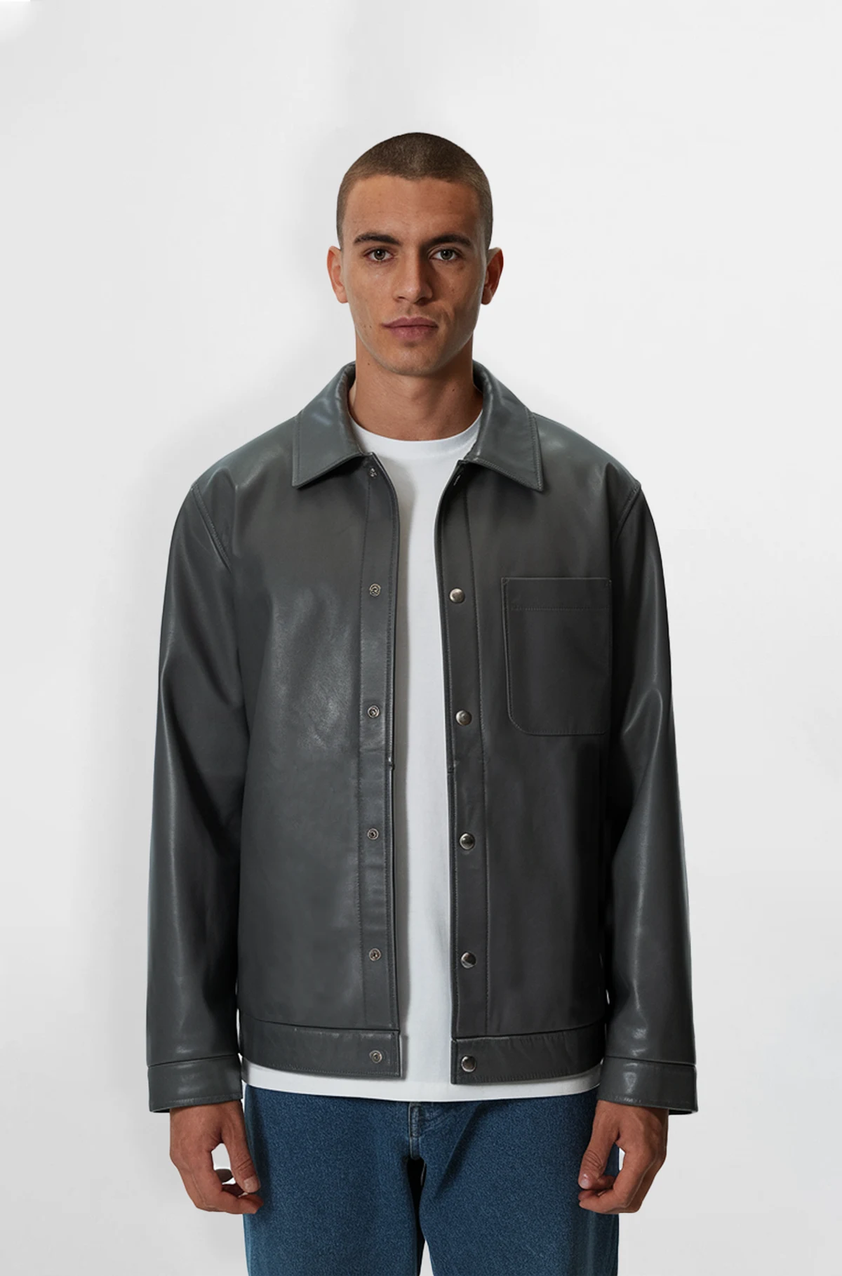 Premium Grey Leather Shirt Jacket for Men