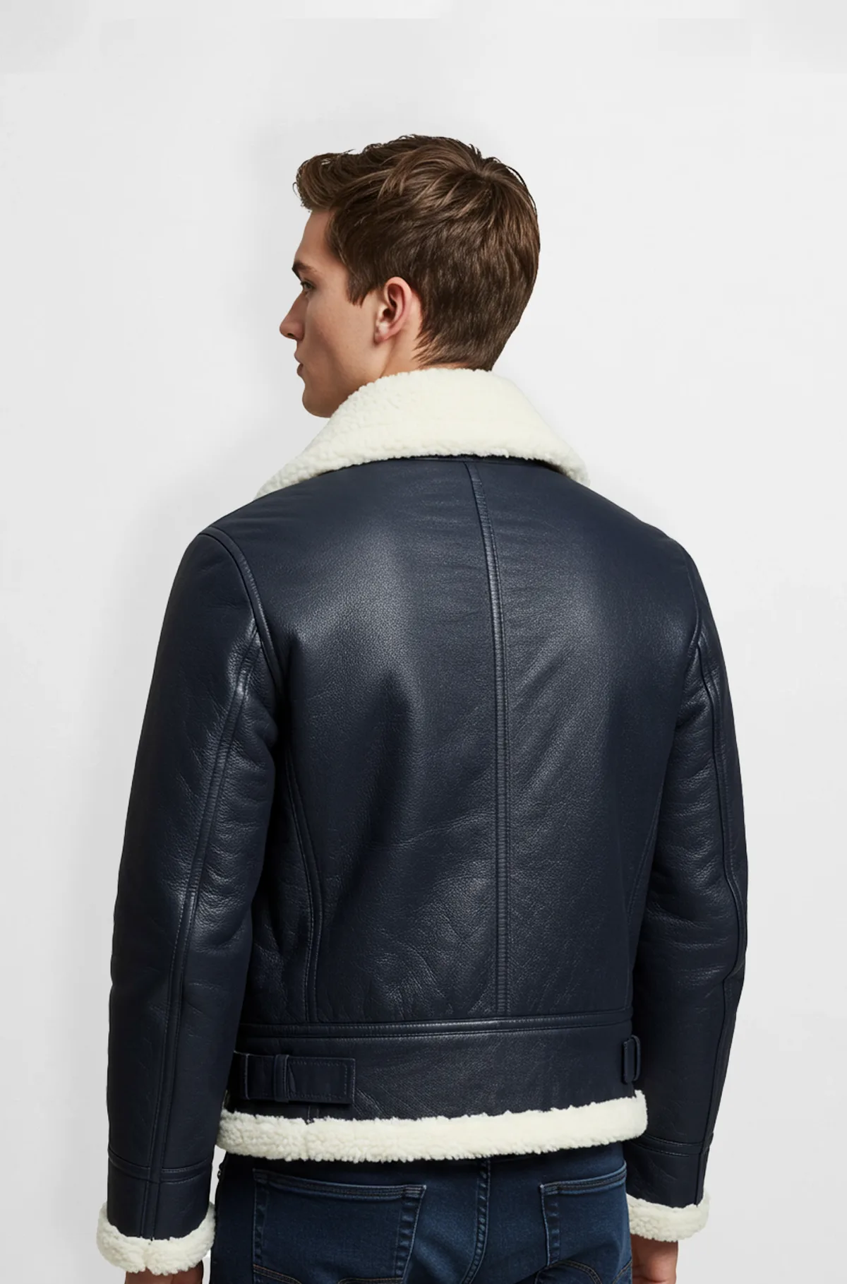 Premium Navy Blue Leather Shearling Jacket